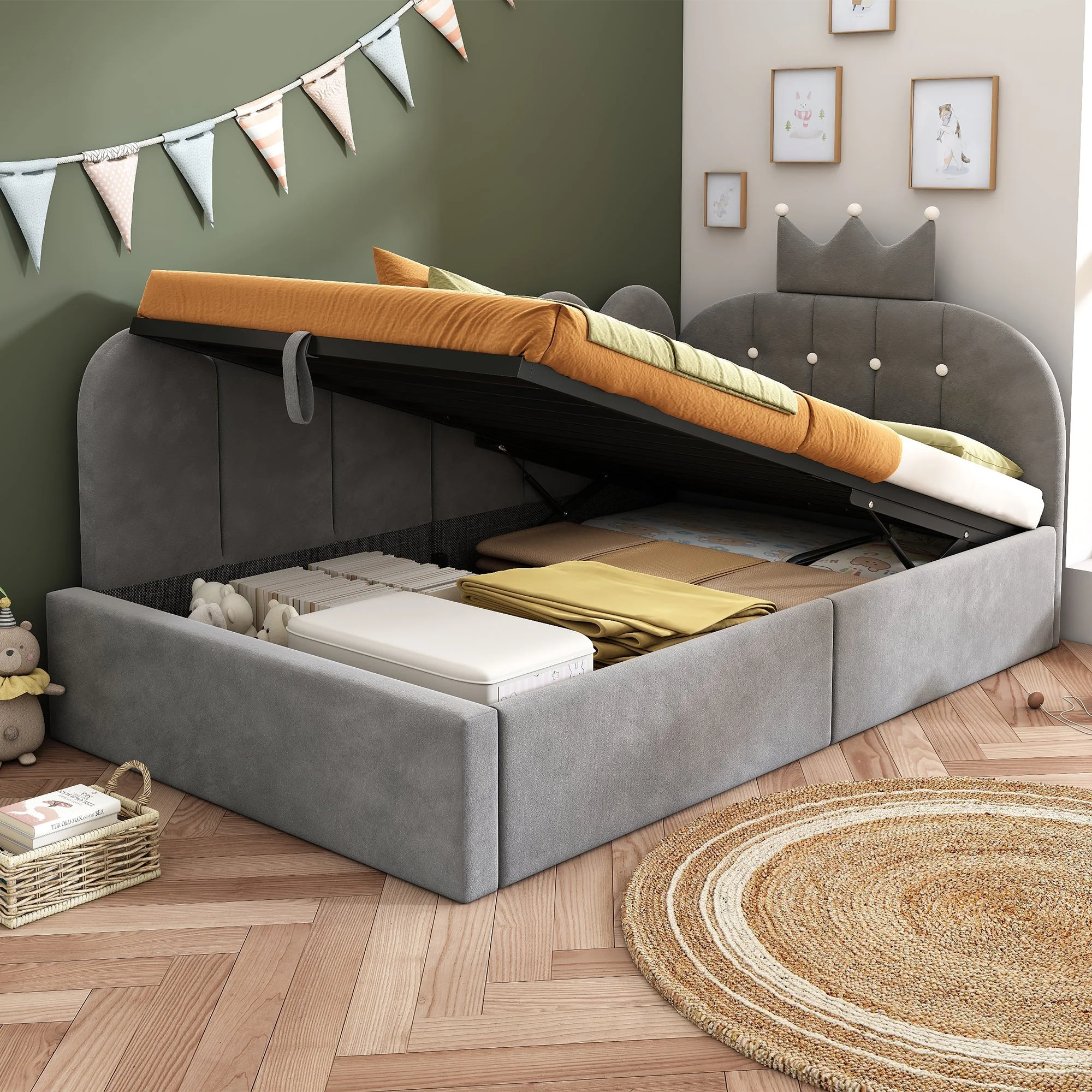 Upholstered Daybed with Hydraulic Storage and Crown-Lattice Design, 90x190cm, Grey Velvet - Image 8