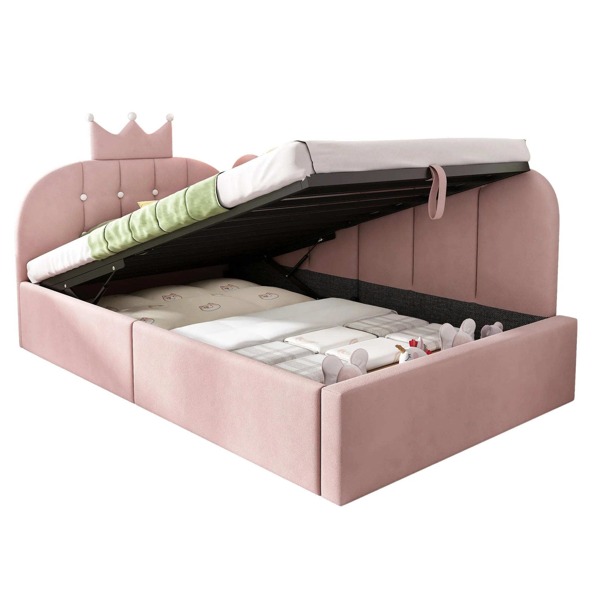 Upholstered Daybed with Hydraulic Storage and Crown-Lattice Design, 90x200cm, Pink Velvet - Image 9
