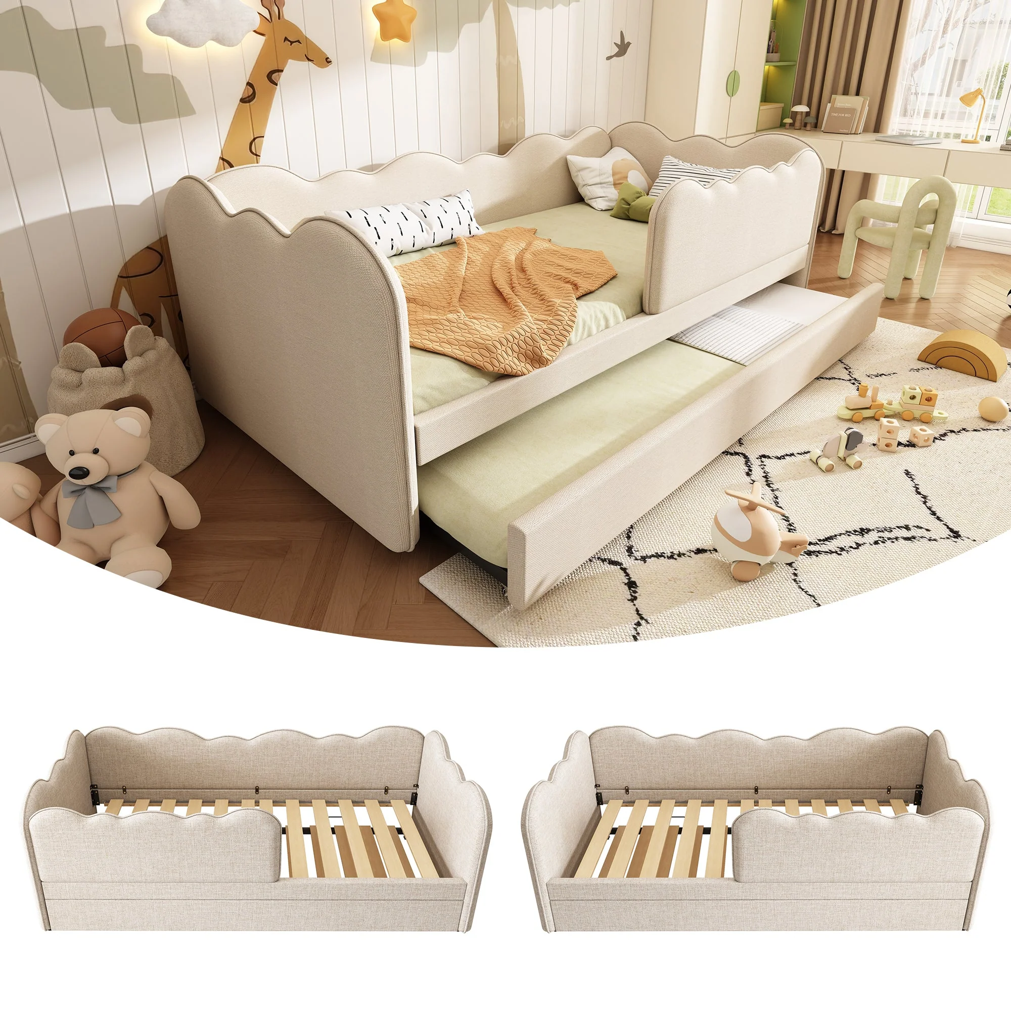 Upholstered Daybed with Pull-Out Trundle, 3FT Single Sofa Bed for Adults & Children, Linen Beige