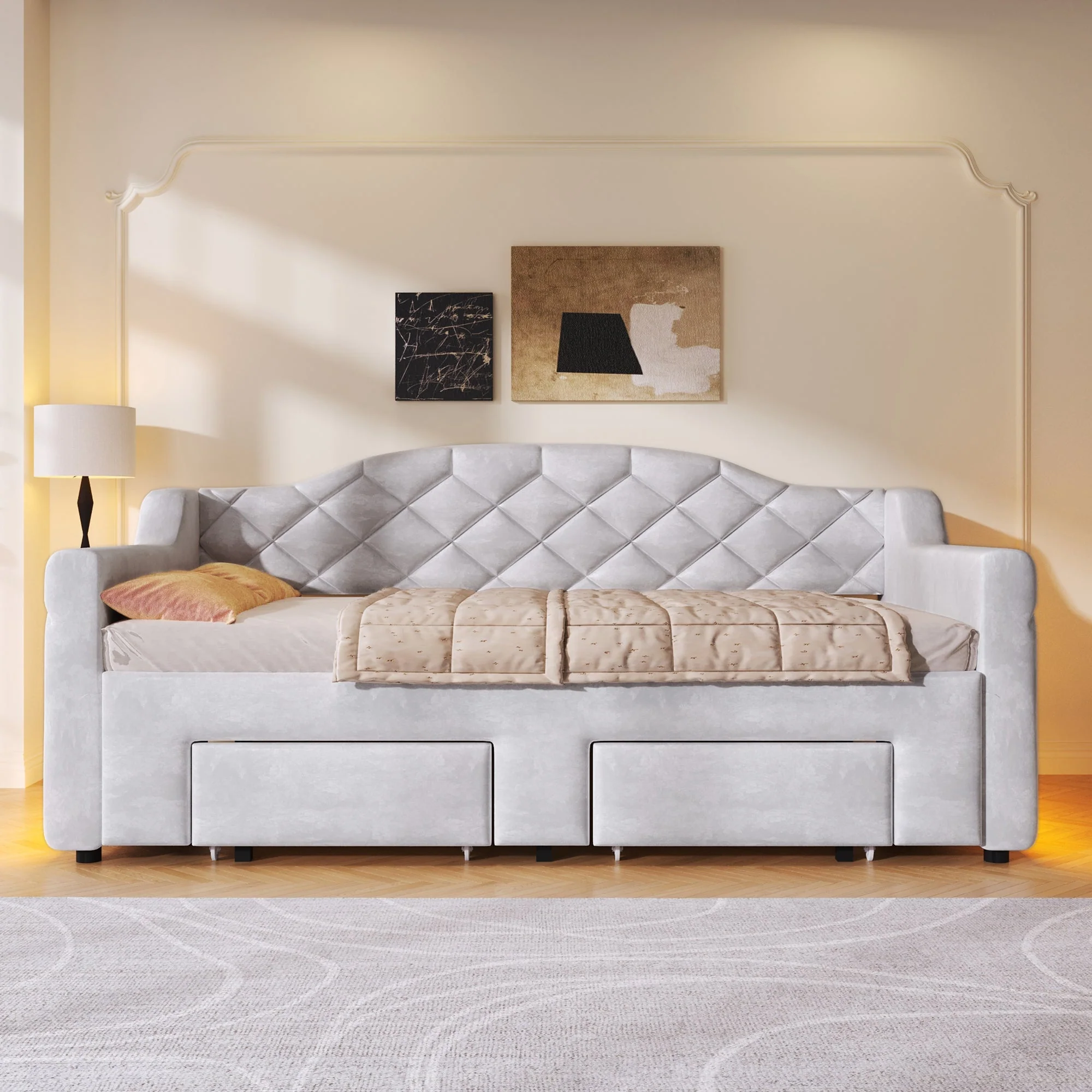Upholstered Daybed with Two Drawers and LED Lighting, 90x200 to 180x200cm, Grey - Image 4