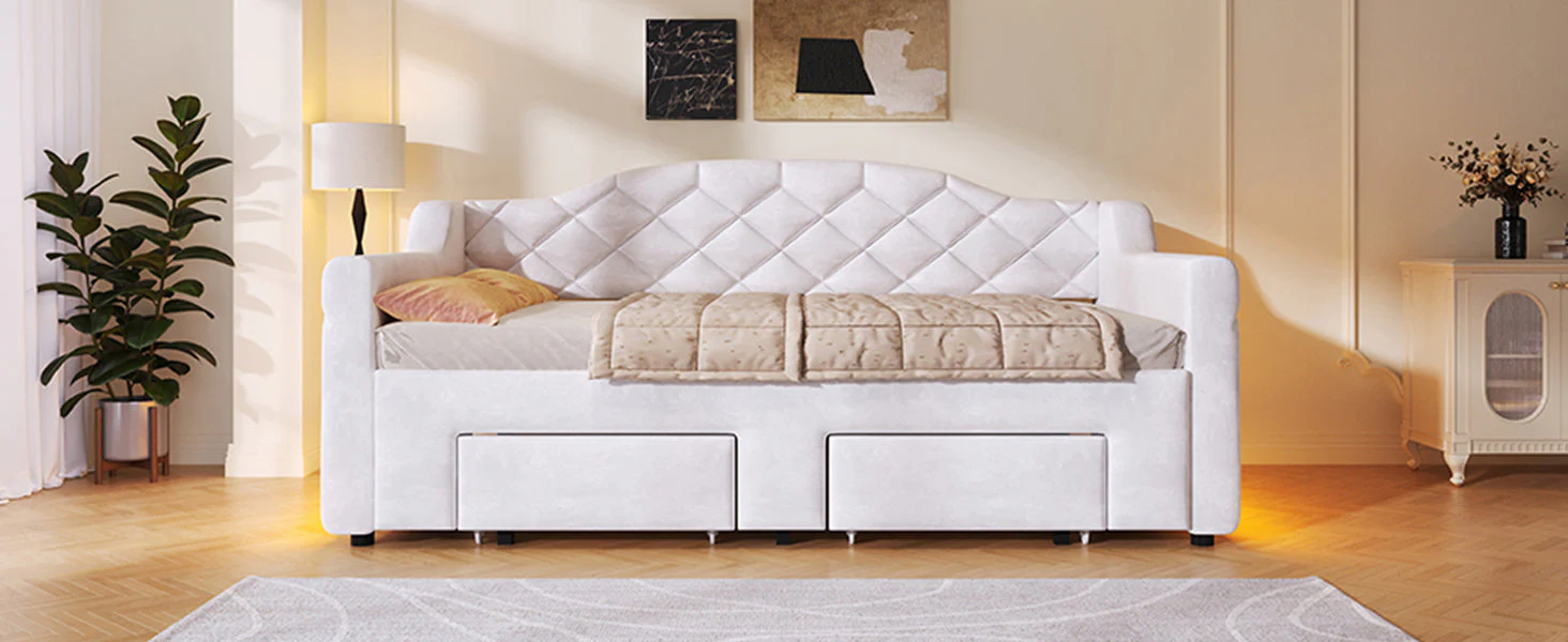 Upholstered Daybed with Two Drawers and LED Lighting, 90x200 to 180x200cm, White - Image 7