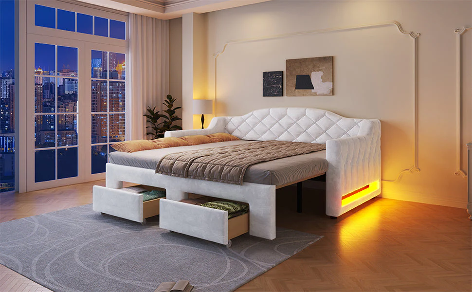 Upholstered Daybed with Two Drawers and LED Lighting, 90x200 to 180x200cm, White - Image 8