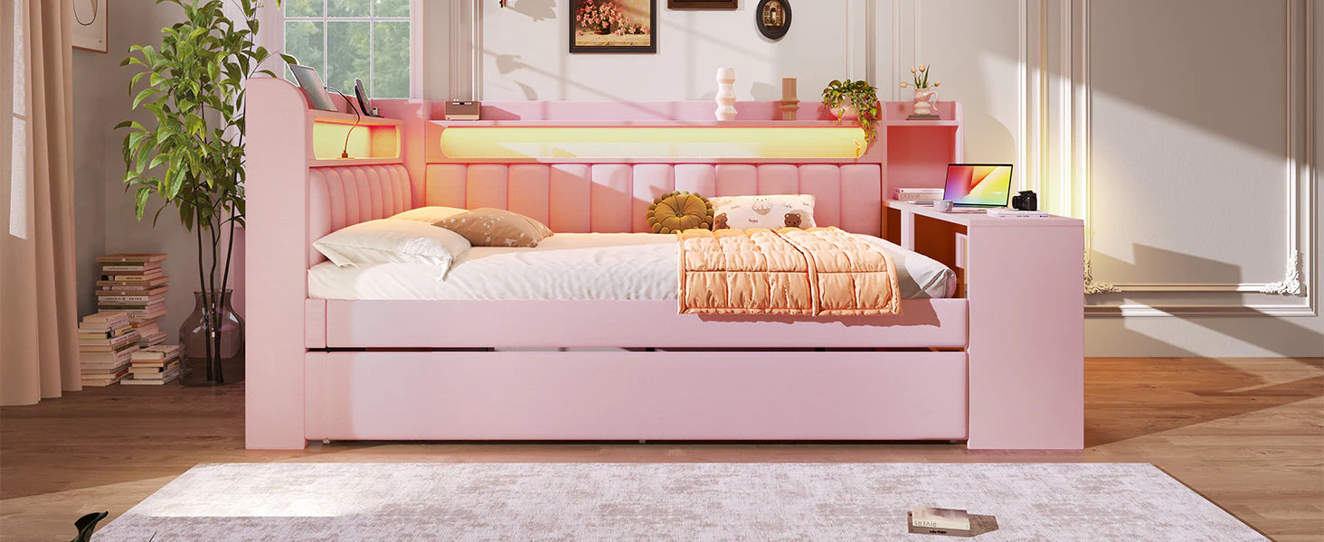 Upholstered Daybed with USB Ports, LED, Pull-out Bed and Desk, 140x200, Pink - Image 10