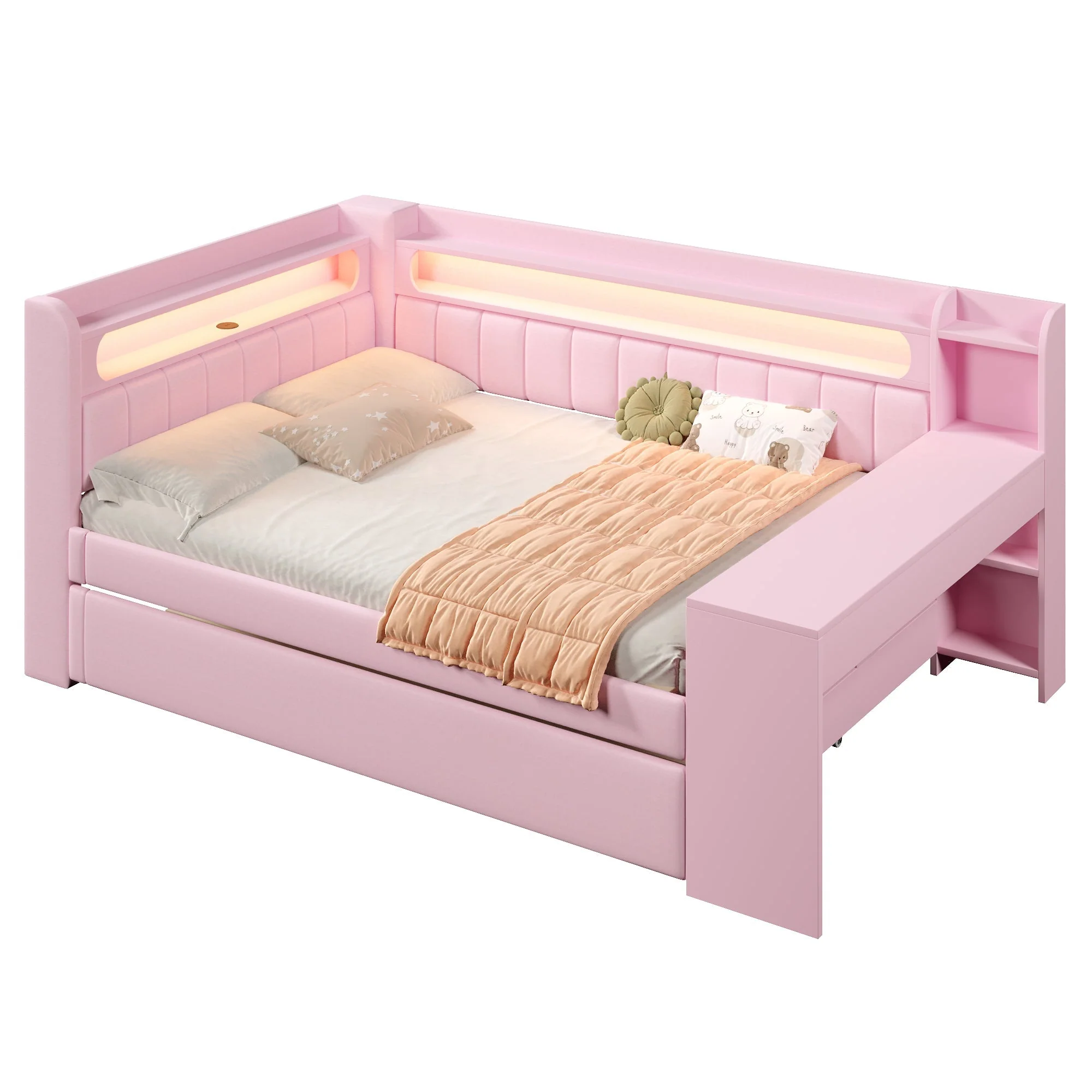 Upholstered Daybed with USB Ports, LED, Pull-out Bed and Desk, 140x200, Pink - Image 5