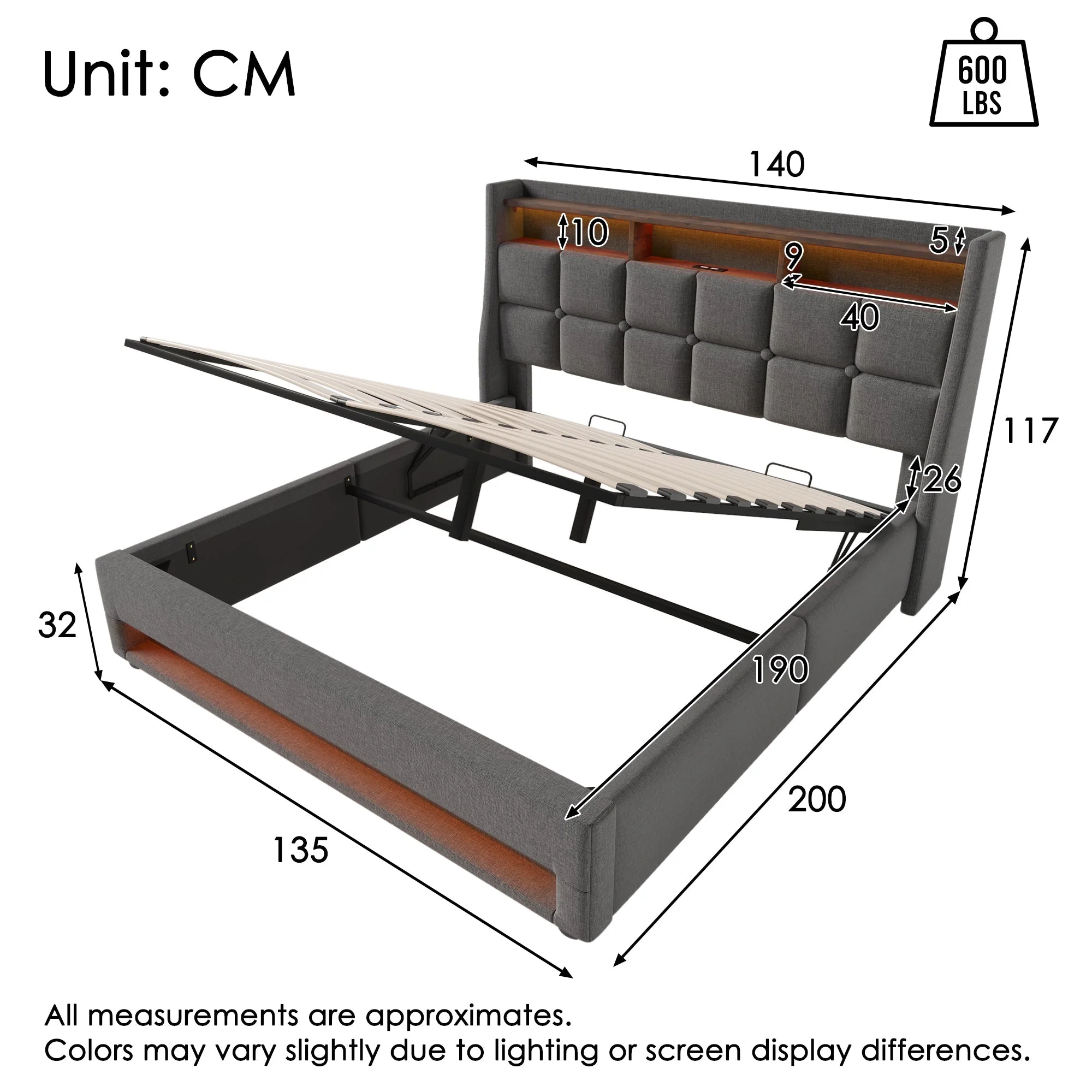 Upholstered Double Bed 135 x 190 cm with LED Lighting, USB-C Charging, Storage Headboard, Metal Slatted Frame, Grey Linen - Image 2