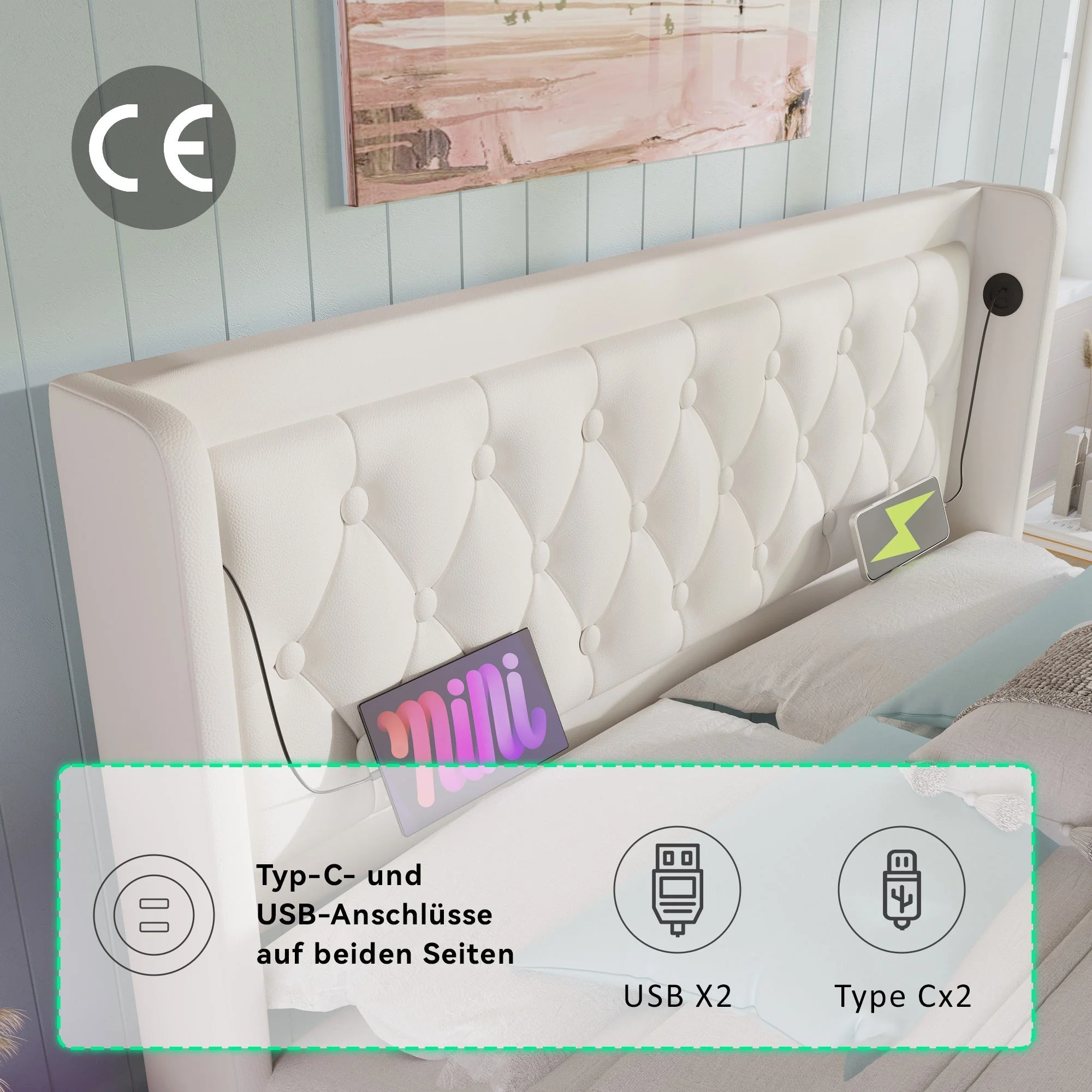 Upholstered Double Bed, 140*200cm Hydraulic Storage with LED & USB, White PU - Image 8