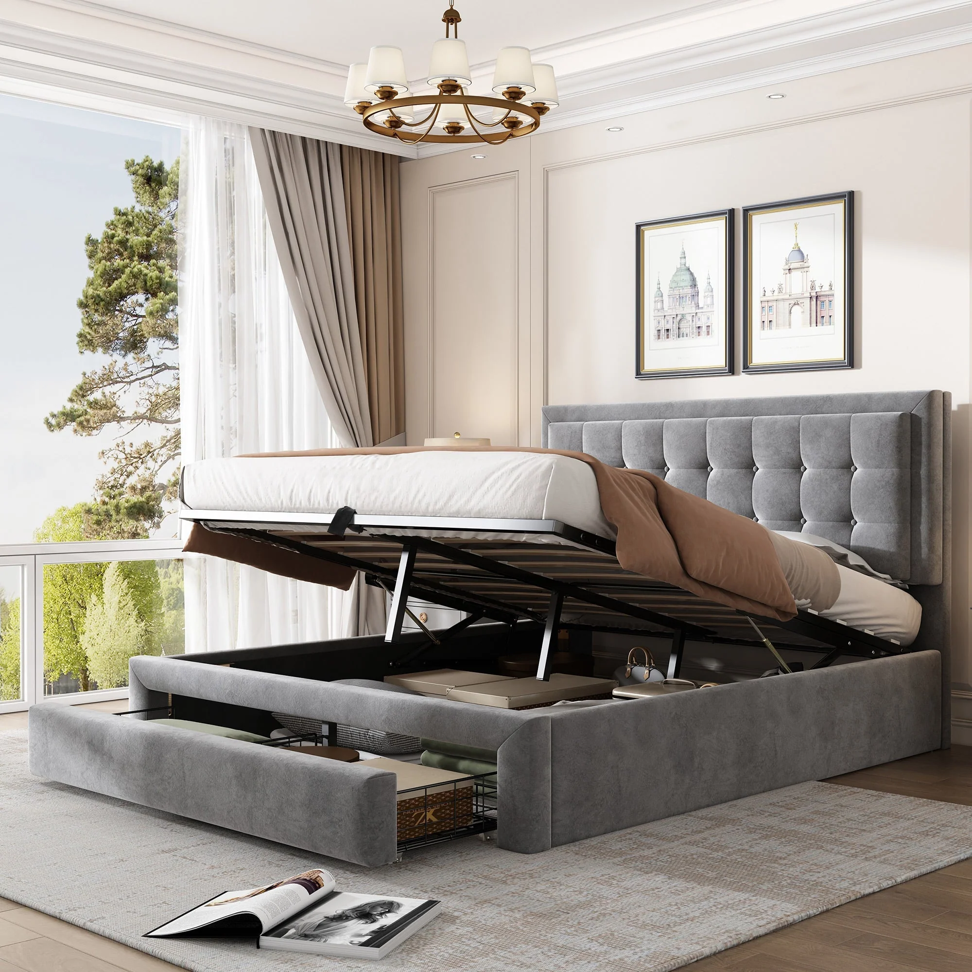 Upholstered Double Bed 140x190cm Hydraulic Storage 2 Drawers Velvet Grey - Image 2