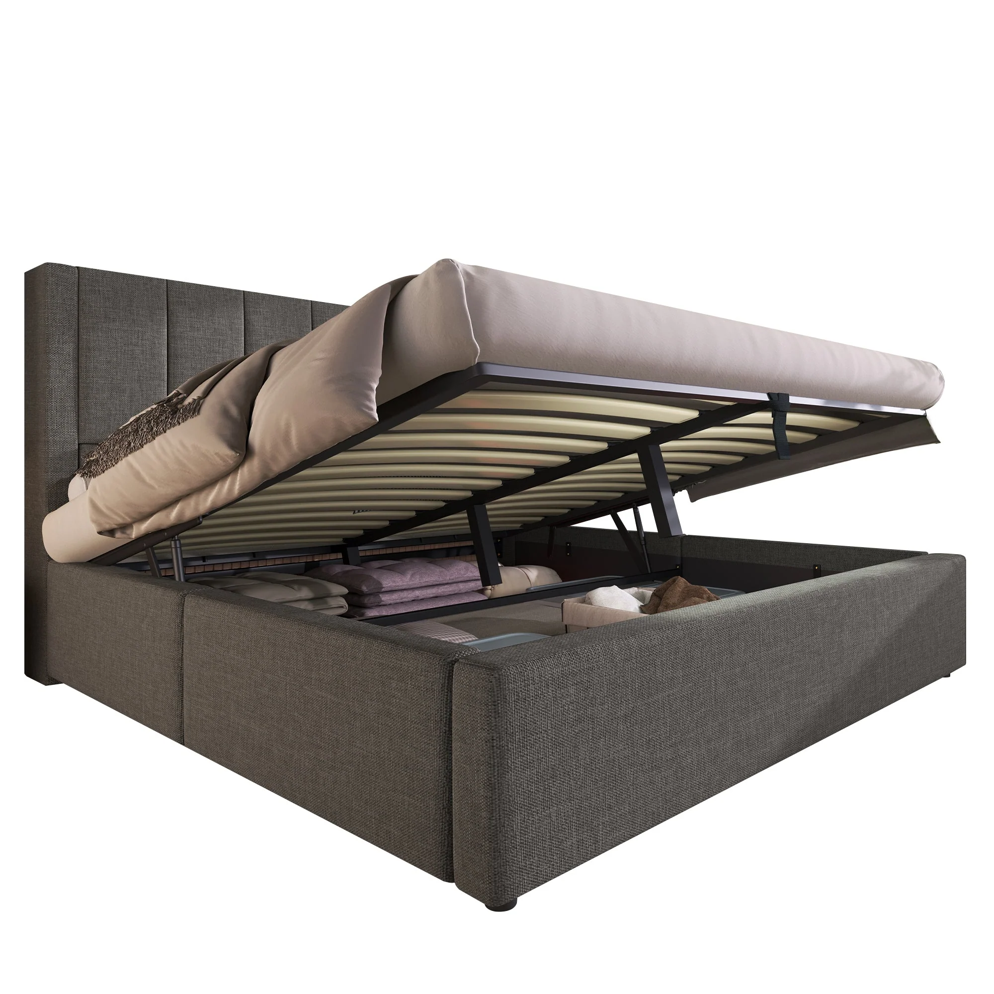 Upholstered Double Bed 140x190cm Hydraulic Storage Cup Holder Charging Station - Linen Grey - Image 9