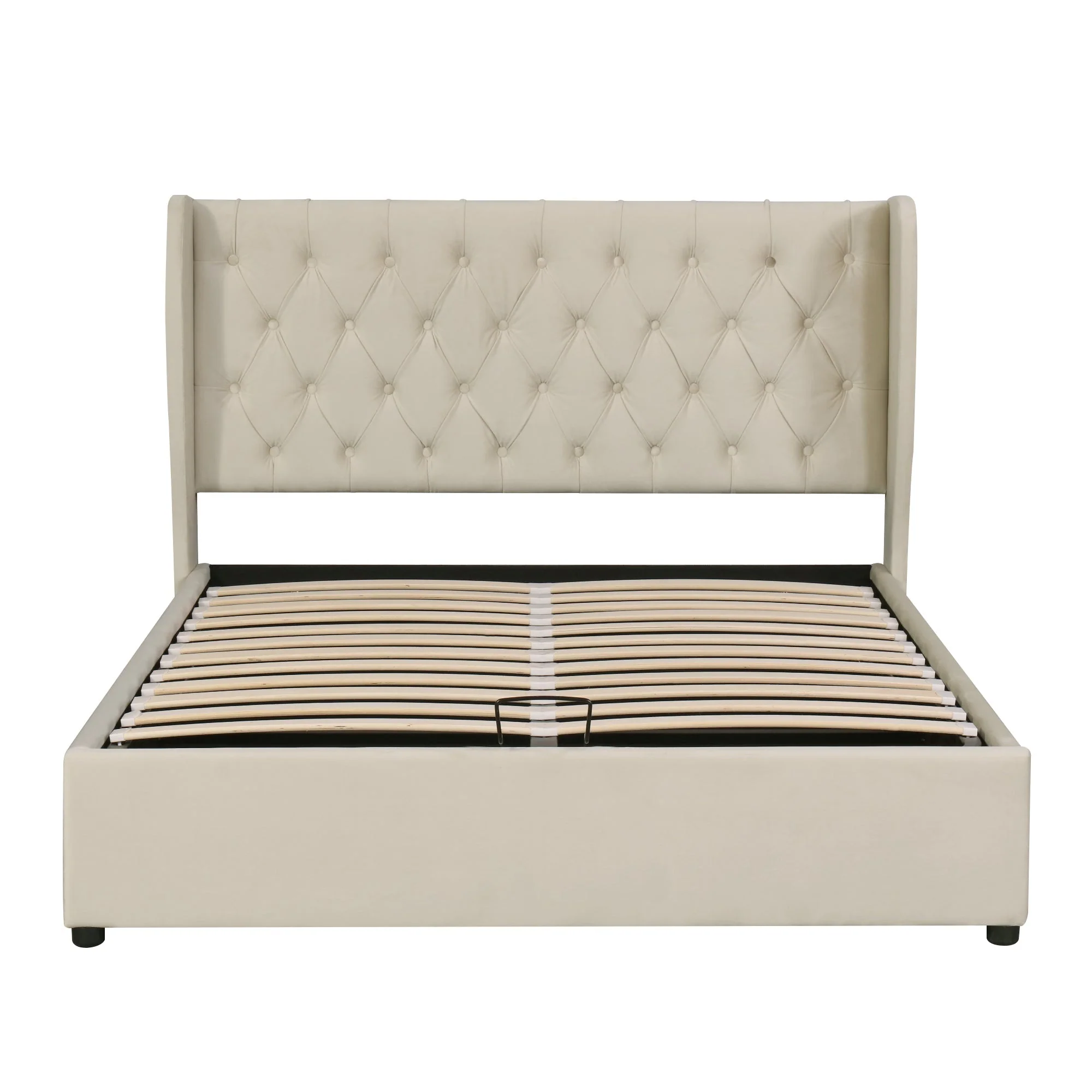 Upholstered Double Bed 140x190cm Hydraulic Storage Ear Shape - Velvet Beige - Image 10