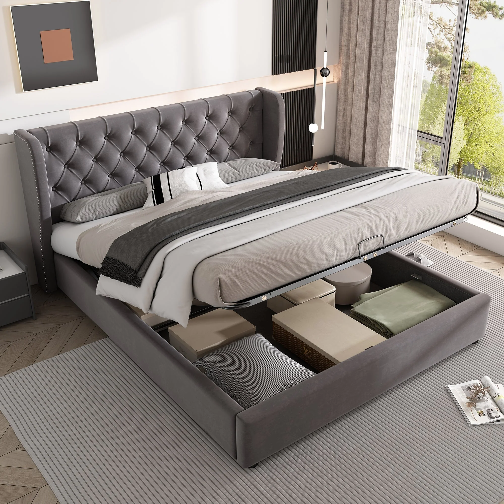 Upholstered Double Bed 140x190cm Hydraulic Storage Ear Shape Velvet - Grey - Image 3