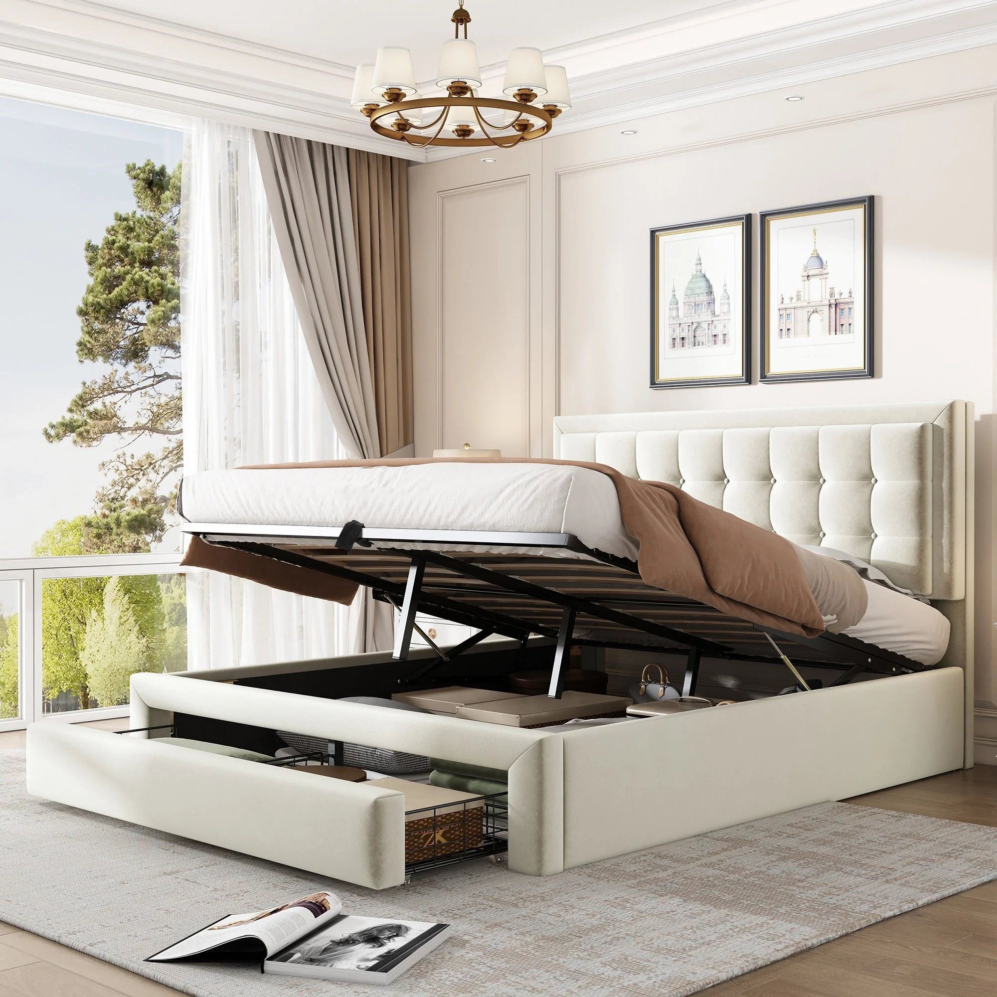 Upholstered Double Bed 140x190cm Hydraulic Storage Headboard 2 Drawers Velvet Beige - Image 2