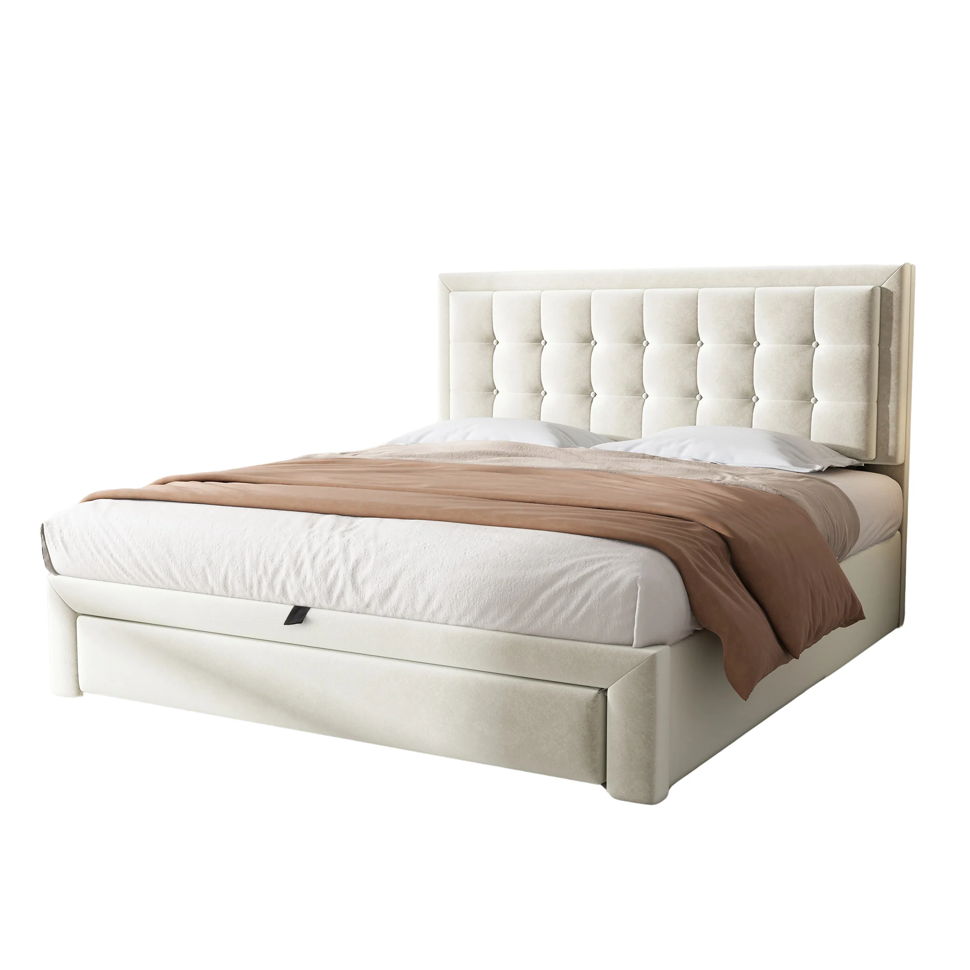 Upholstered Double Bed 140x190cm Hydraulic Storage Headboard 2 Drawers Velvet Beige - Image 5