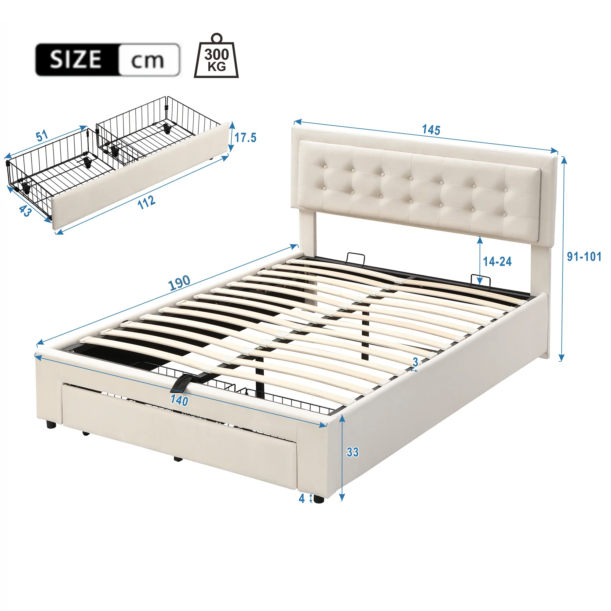 Upholstered Double Bed 140x190cm Hydraulic Storage Headboard 2 Drawers Velvet Beige - Image 6