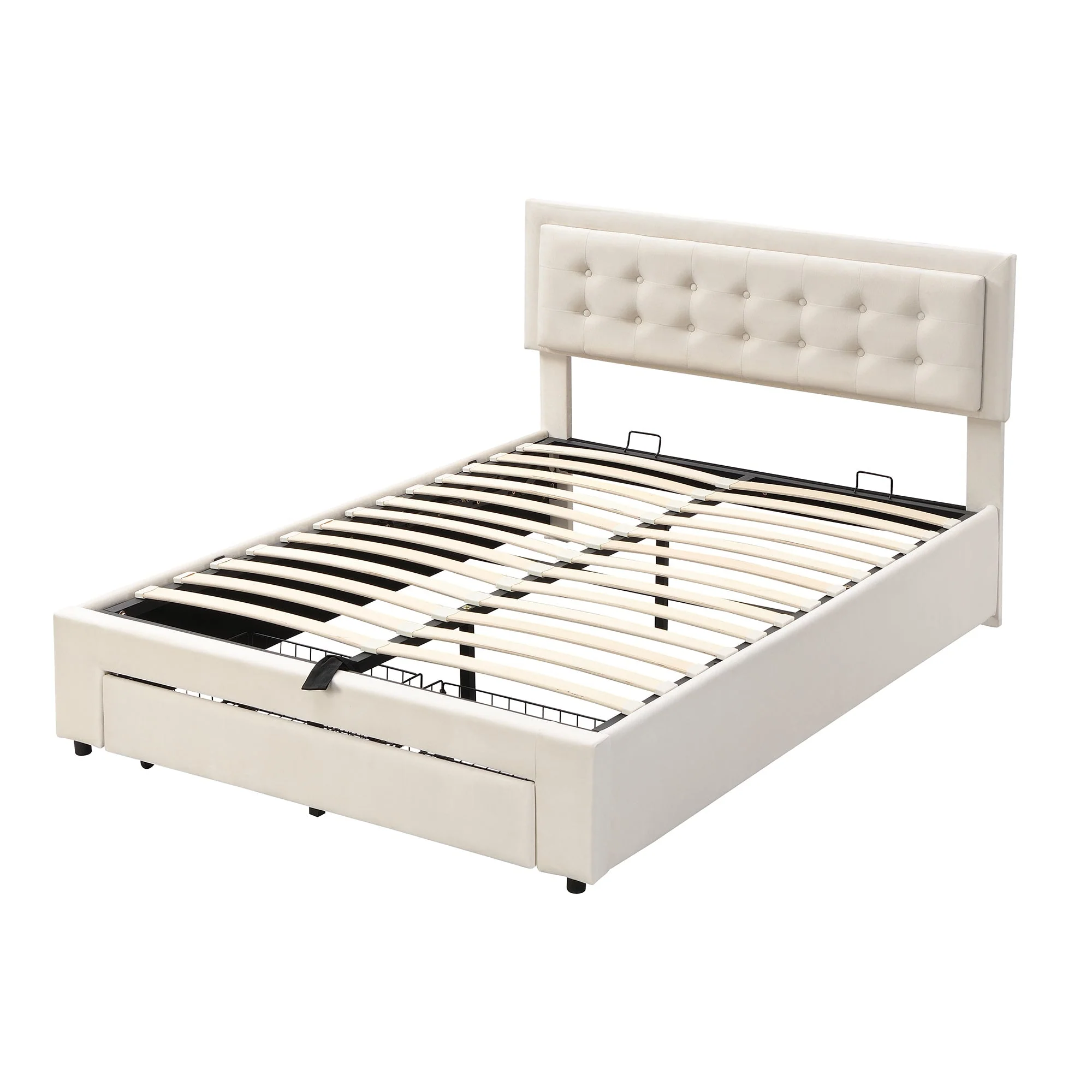 Upholstered Double Bed 140x190cm Hydraulic Storage Headboard 2 Drawers Velvet Beige - Image 8