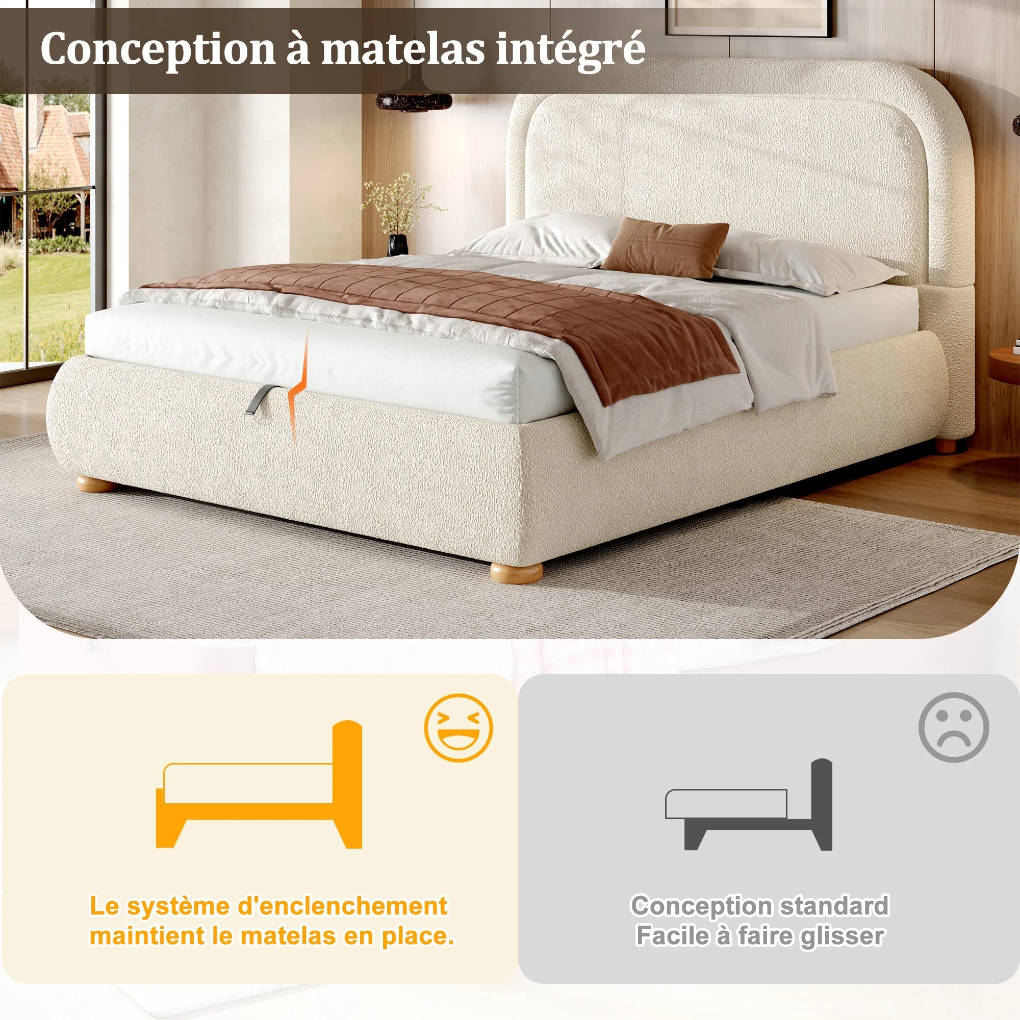 Upholstered Double Bed 140x190cm Hydraulic Storage Slatted Base Beige Bouclé - Image 4