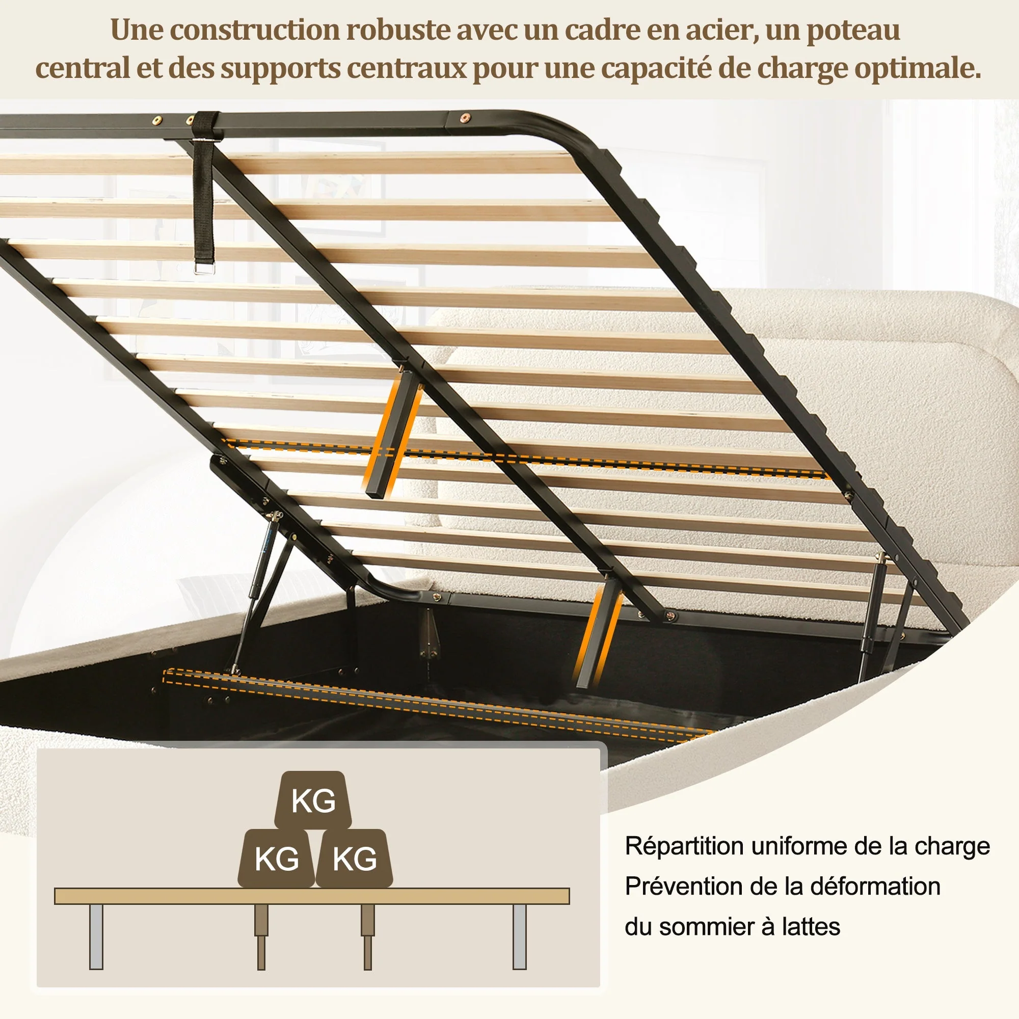 Upholstered Double Bed 140x190cm Hydraulic Storage Slatted Base Beige Bouclé - Image 7