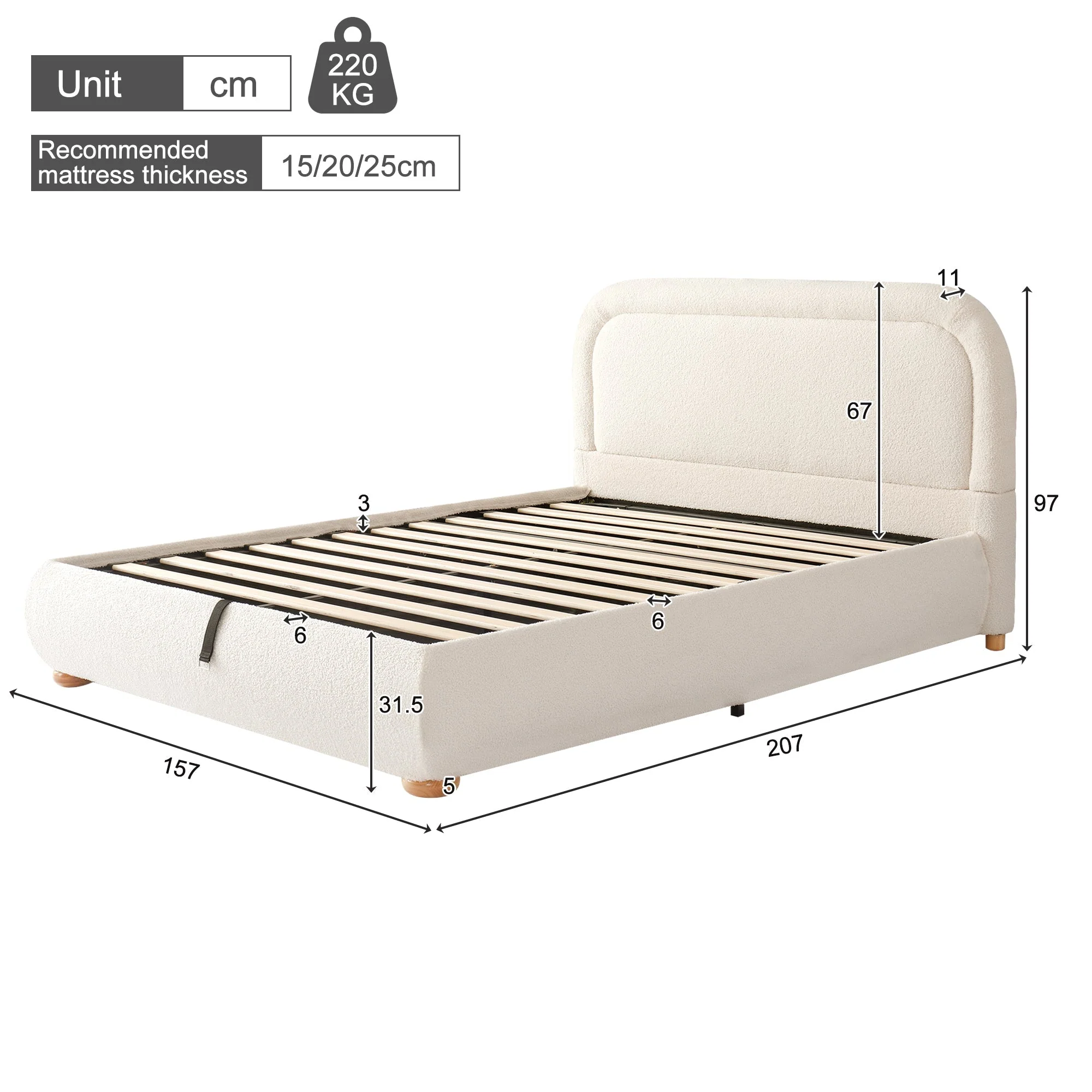 Upholstered Double Bed 140x190cm Hydraulic Storage Slatted Base Beige Bouclé - Image 9