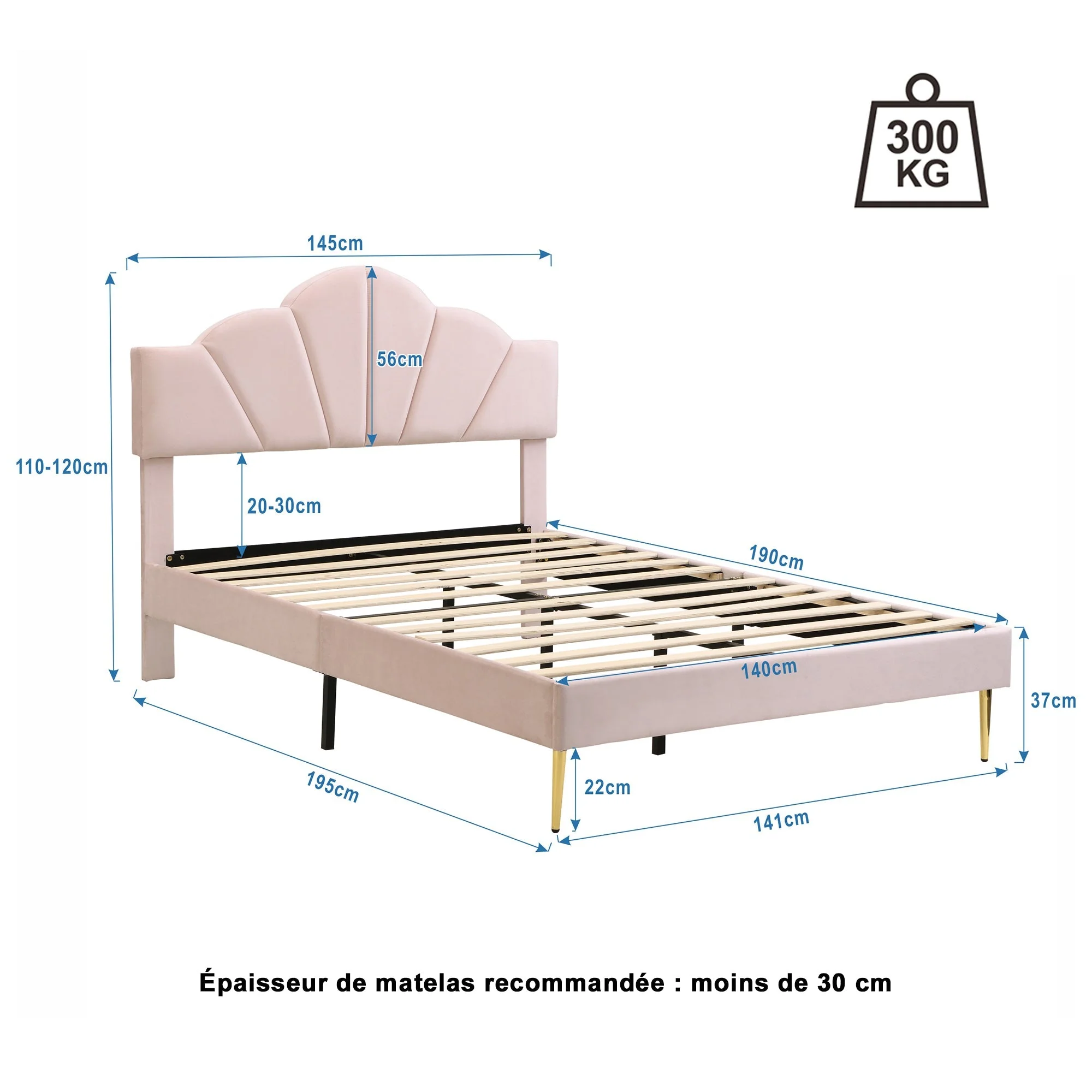 Upholstered Double Bed 140x190cm Shell Shape Adjustable Headboard Gold Legs - Velvet Pink - Image 10