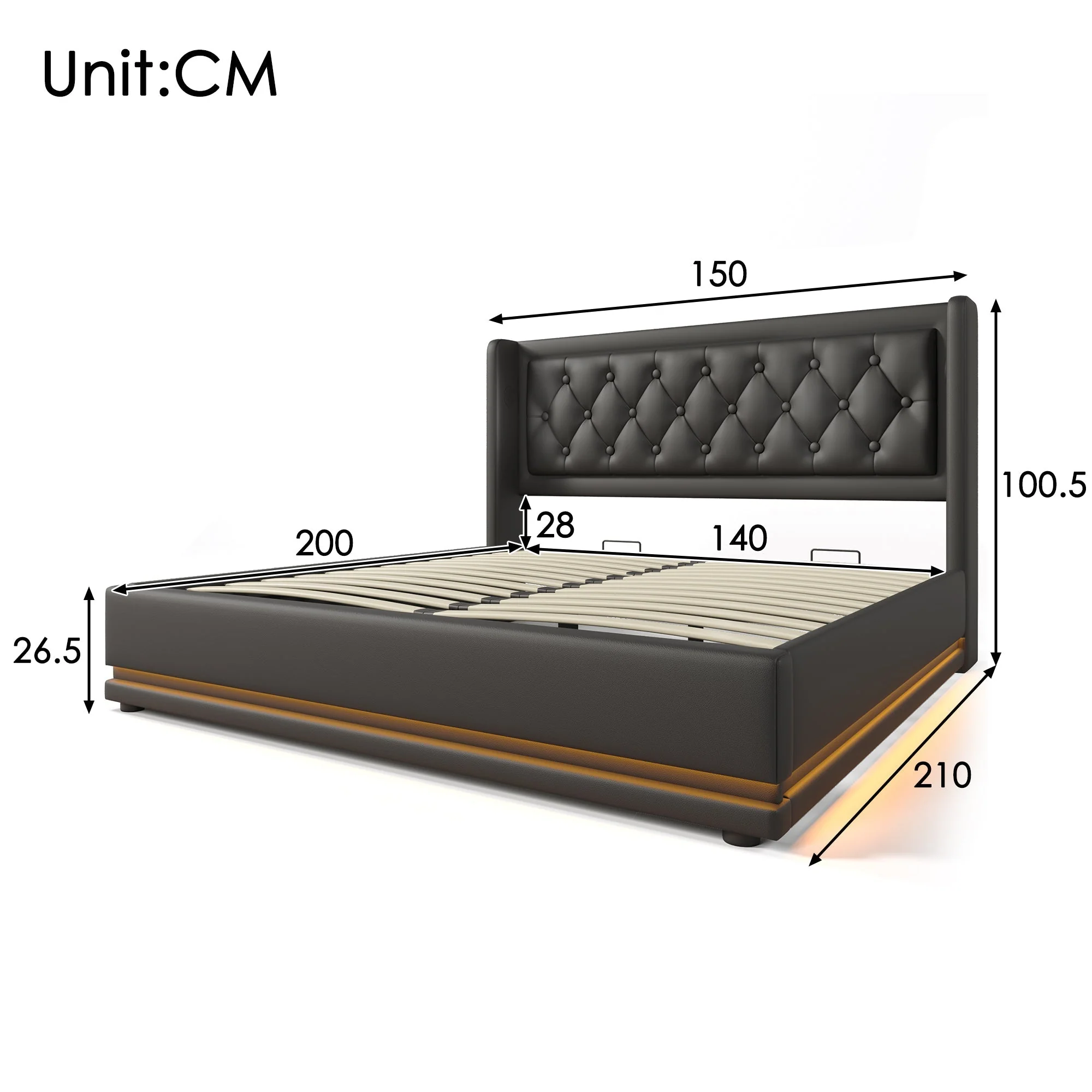 Upholstered Double Bed, 140x200 cm Hydraulic Storage with USB-C Charging & LED, Black PU - Image 3
