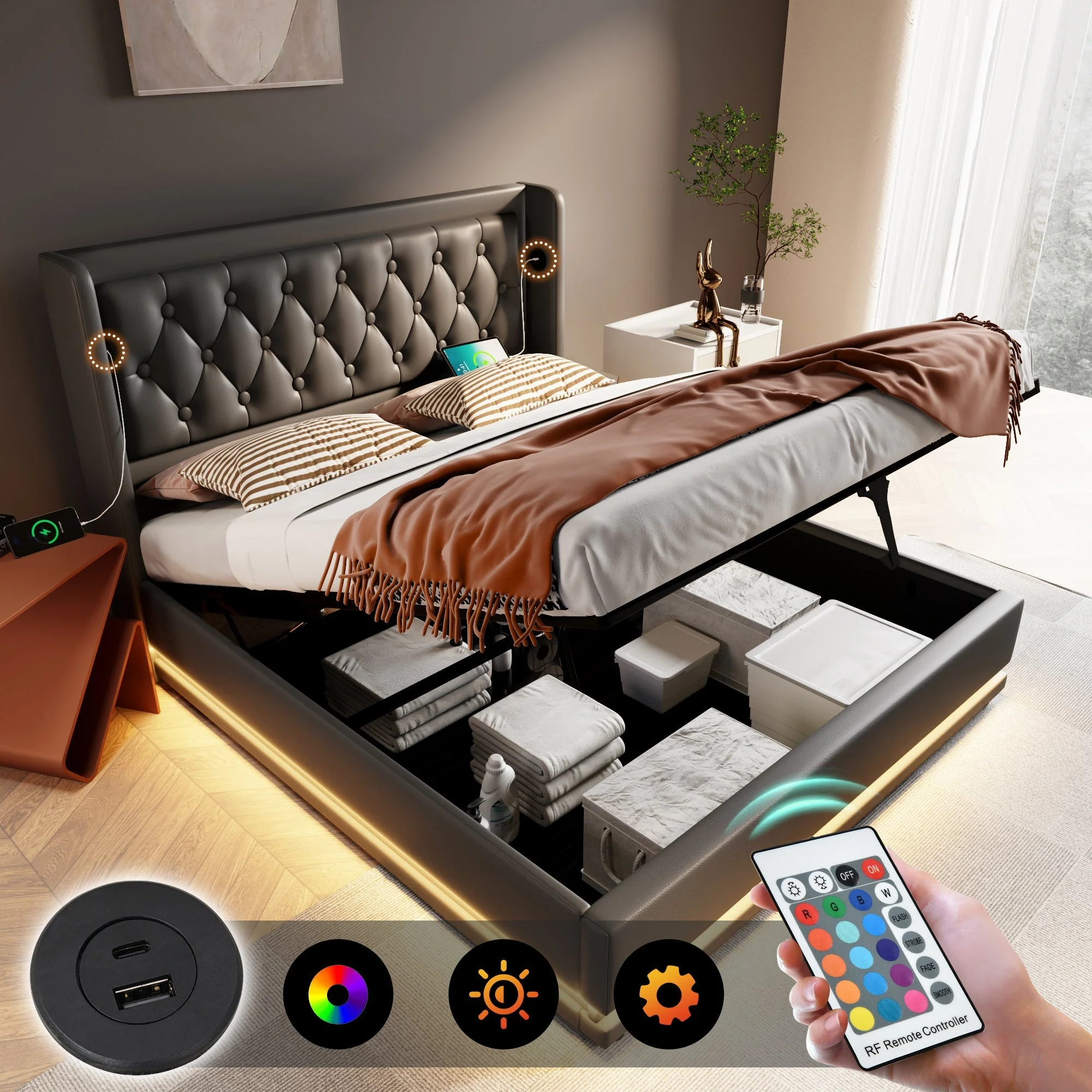 Upholstered Double Bed, 140x200 cm Hydraulic Storage with USB-C Charging & LED, Black PU - Image 4