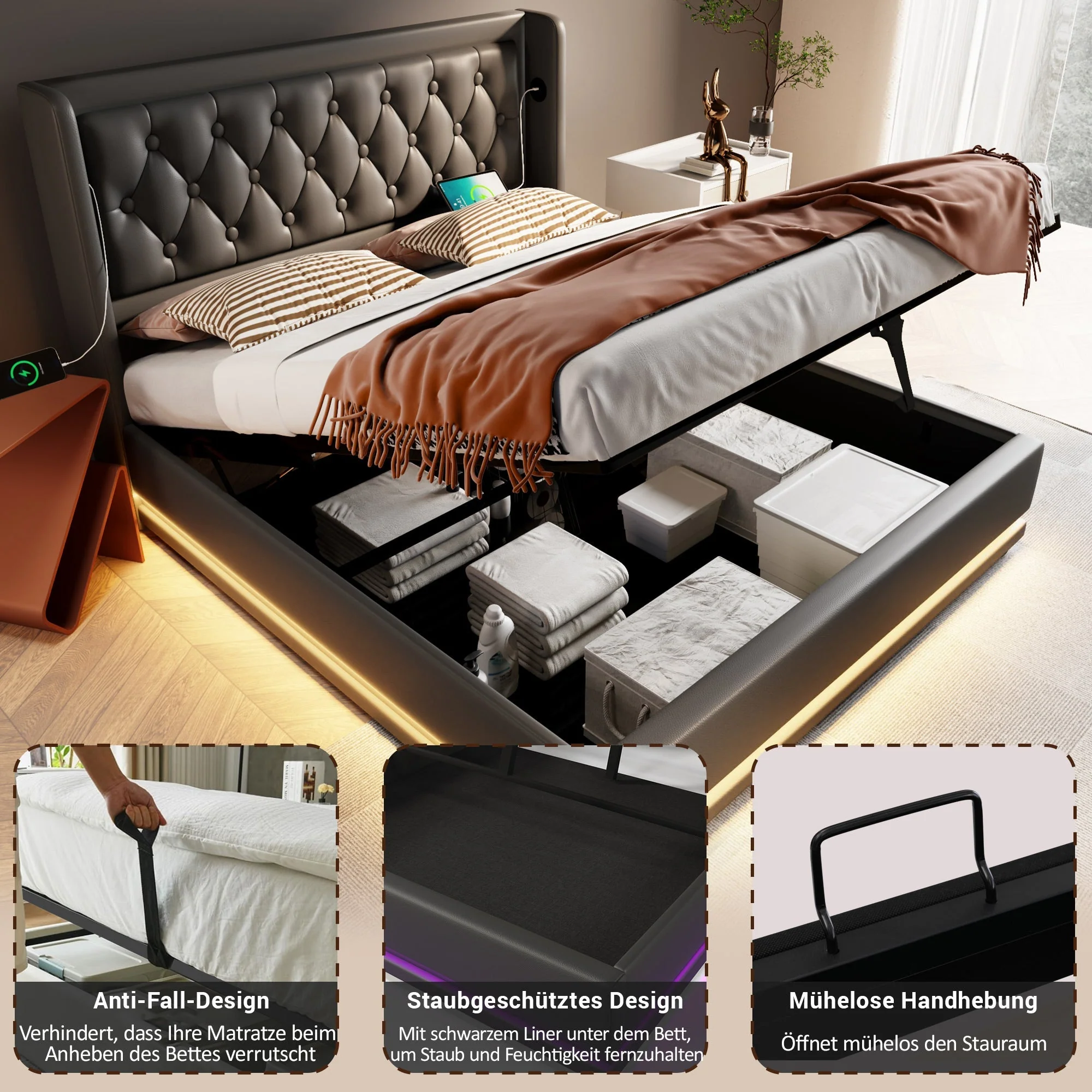 Upholstered Double Bed, 140x200 cm Hydraulic Storage with USB-C Charging & LED, Black PU - Image 5