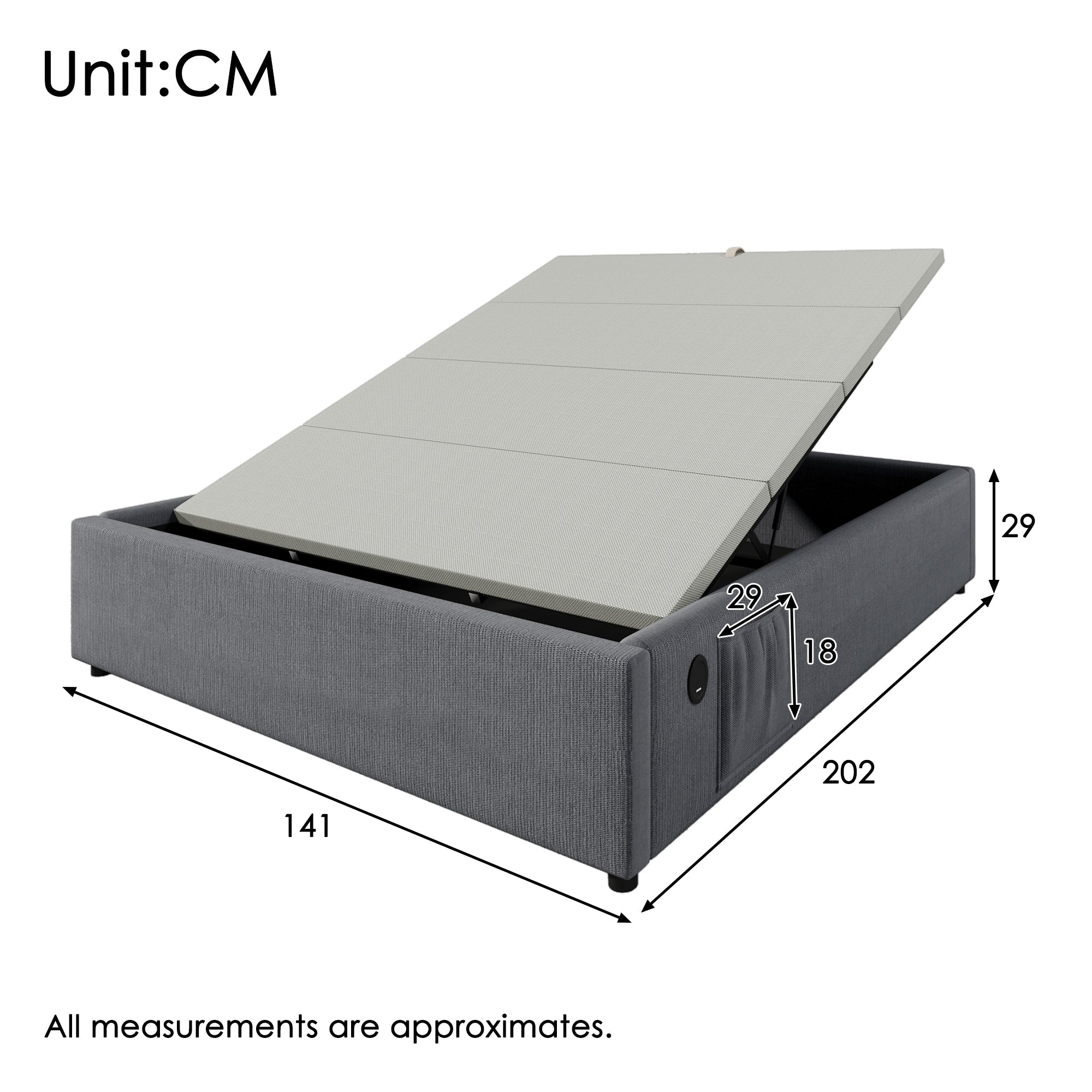 Upholstered Double Bed 140x200 cm, USB-C, Full Slatted Frame, Cotton Grey - Image 2
