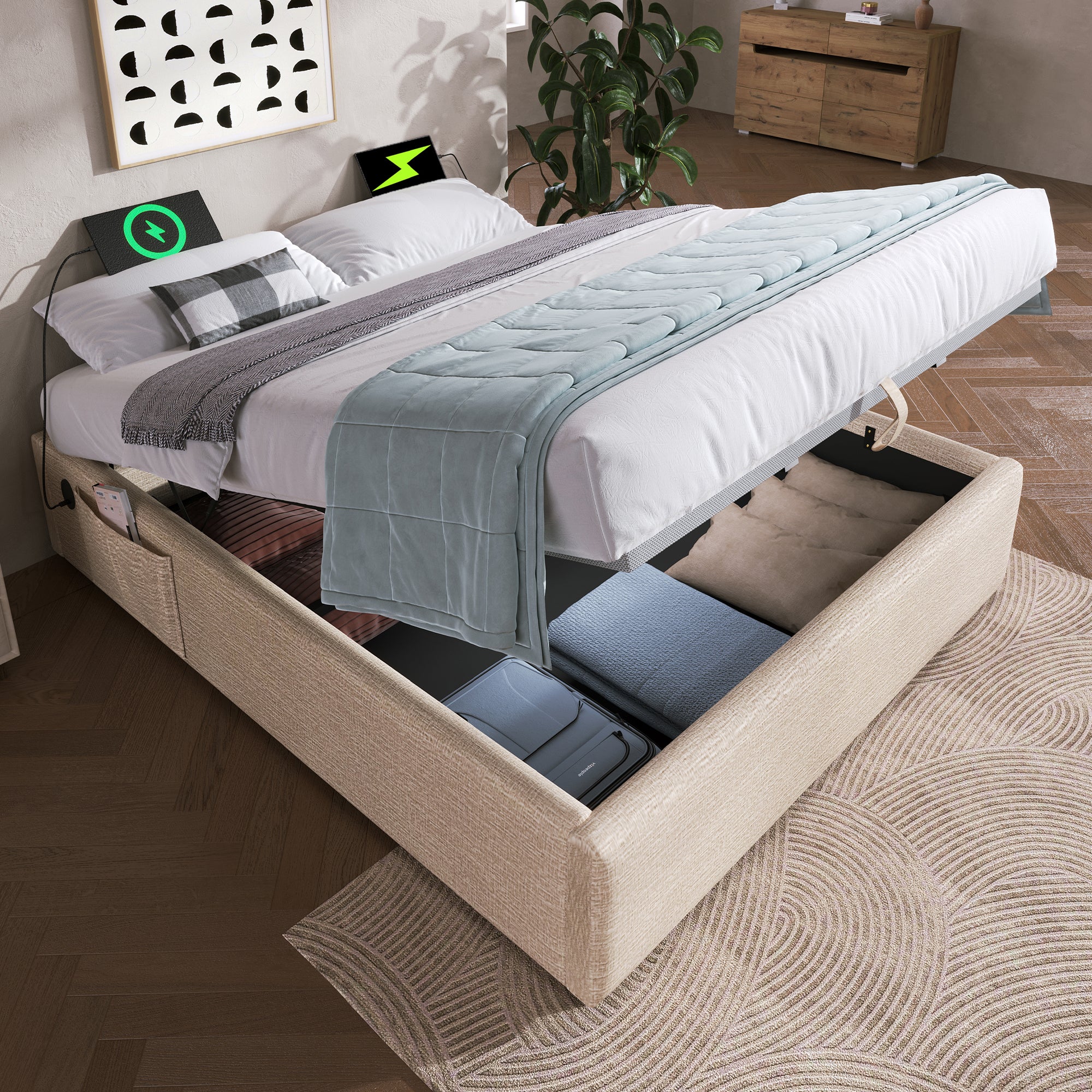 Upholstered Double Bed, 140x200 cm, with USB-C, Linen Natural