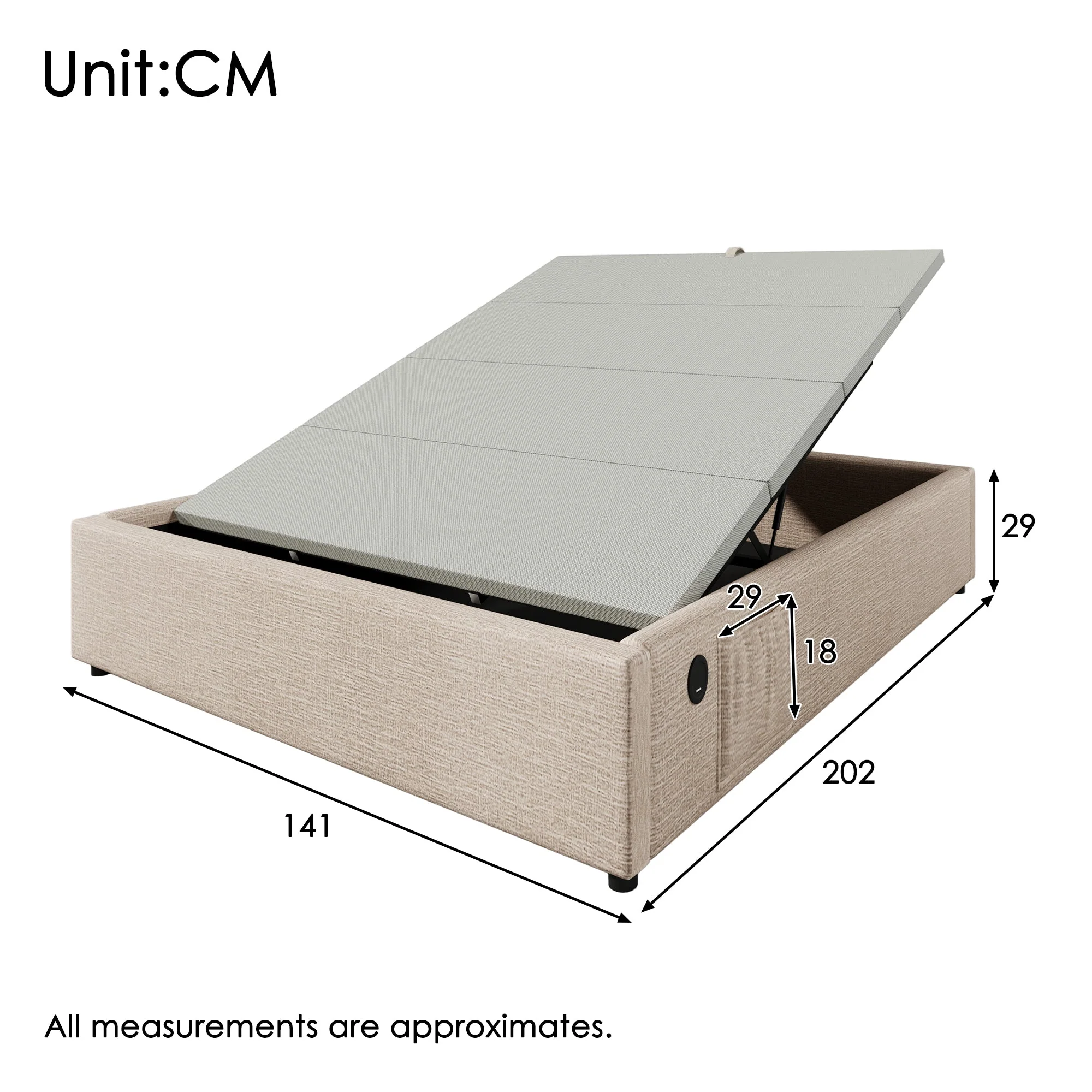 Upholstered Double Bed, 140x200 cm, with USB-C, Linen Natural - Image 2