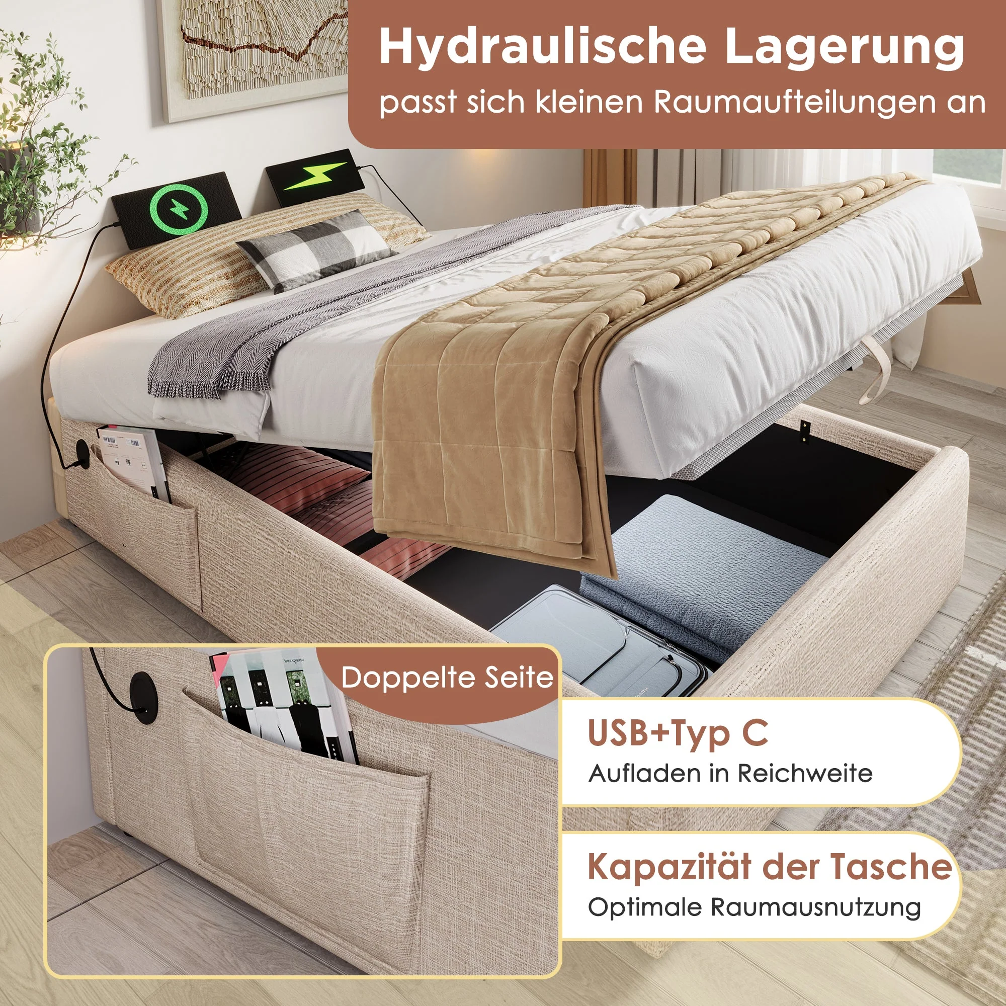 Upholstered Double Bed, 140x200 cm, with USB-C, Linen Natural - Image 7