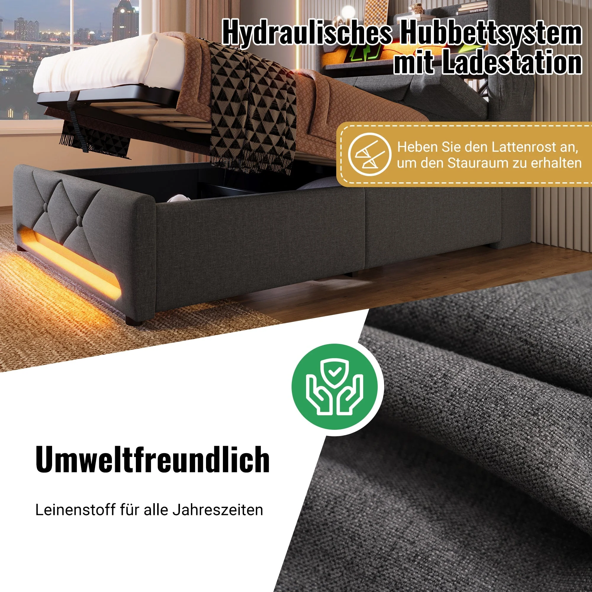 Upholstered Double Bed 140x200 Hydraulic Storage LED USB Type-C Headboard, Grey Linen - Image 7