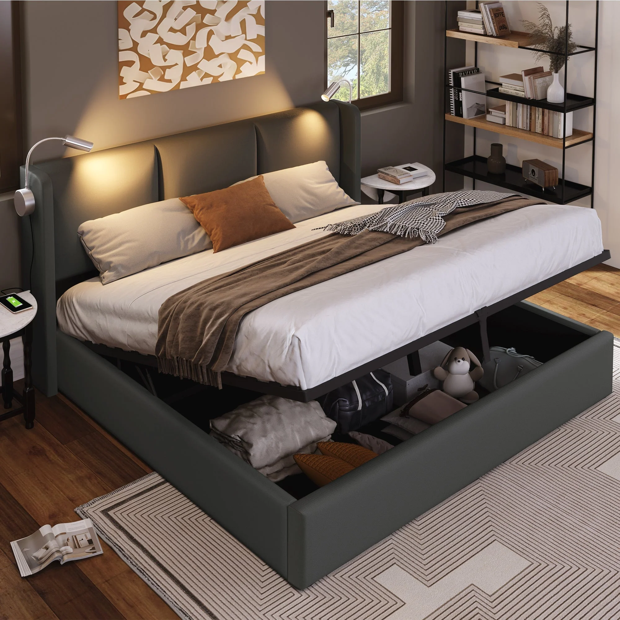 Upholstered Double Bed 140x200 Storage, USB Light, Slatted Base, PU - Image 5