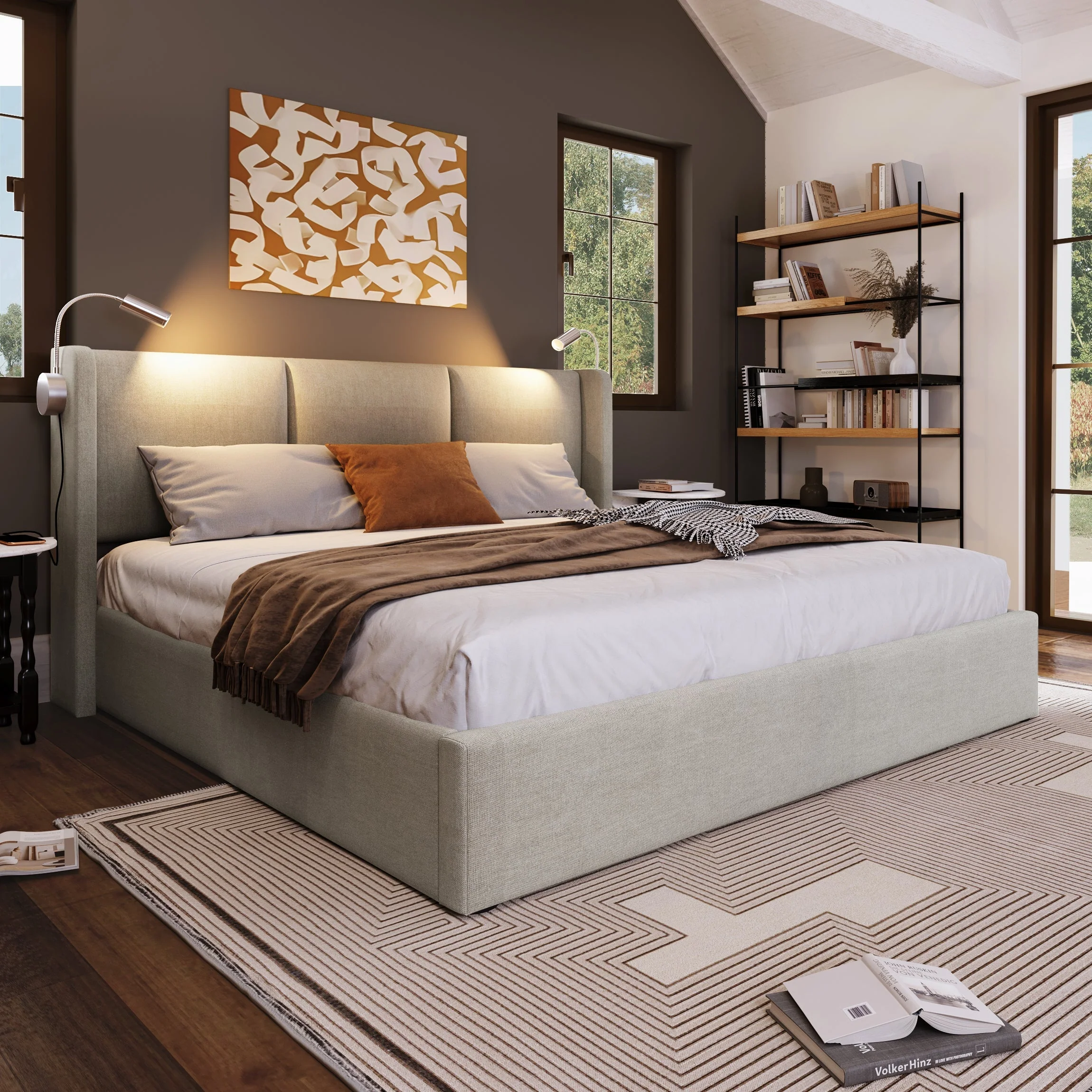 Upholstered Double Bed, 140x200 Storage USB Reading Light, Linen Material - Image 5
