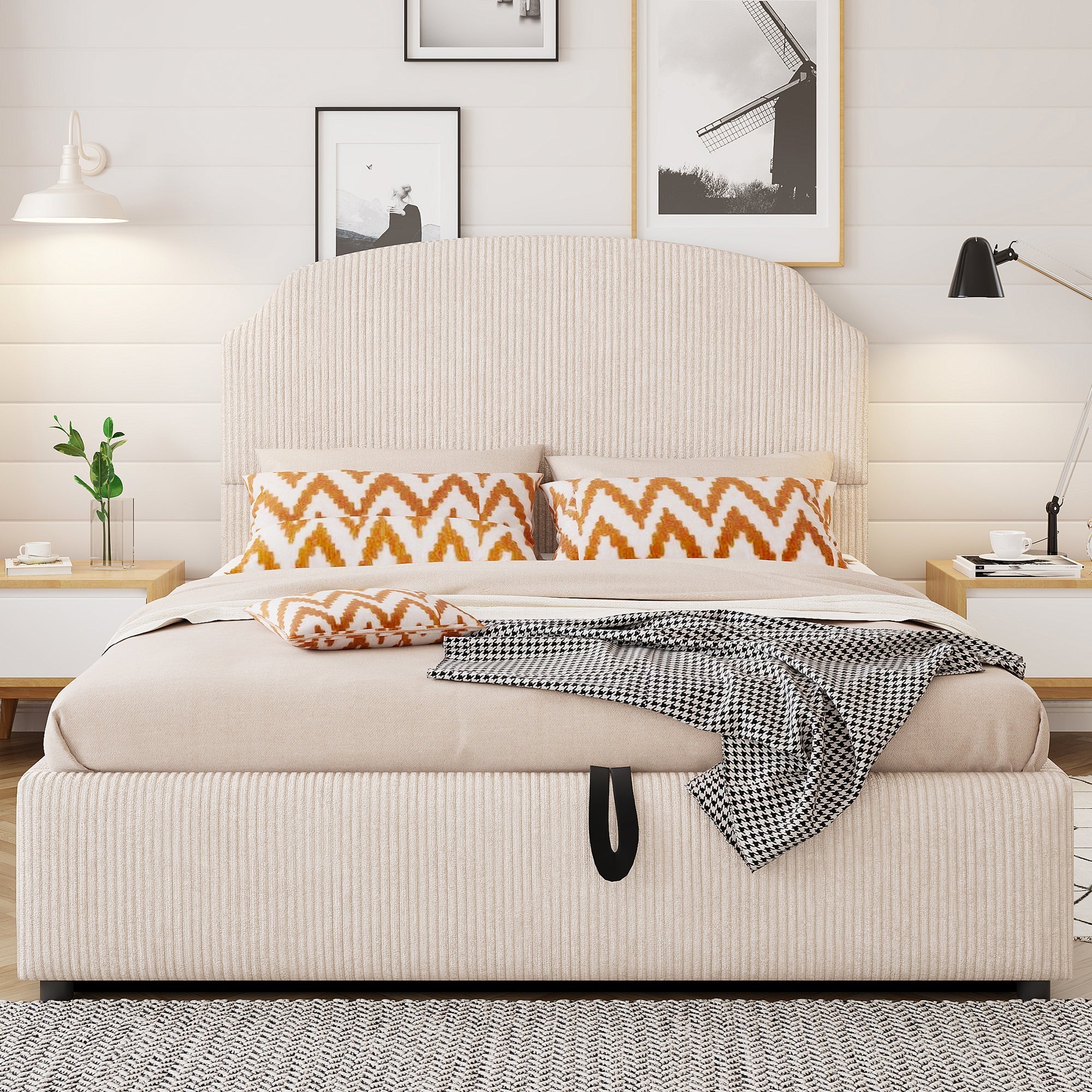 Upholstered Double Bed 140x200 with Hydraulic Storage and Wide Headboard, Beige Striped Plush - Image 2