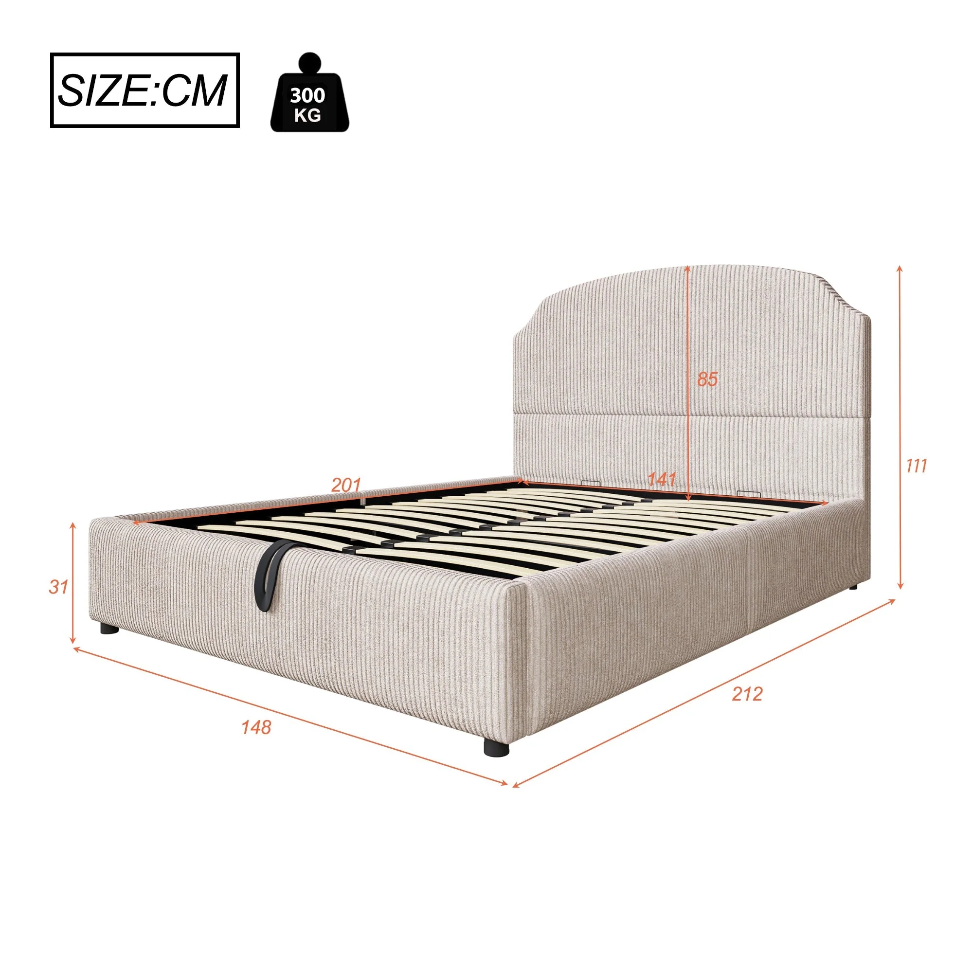 Upholstered Double Bed 140x200 with Hydraulic Storage and Wide Headboard, Beige Striped Plush - Image 5