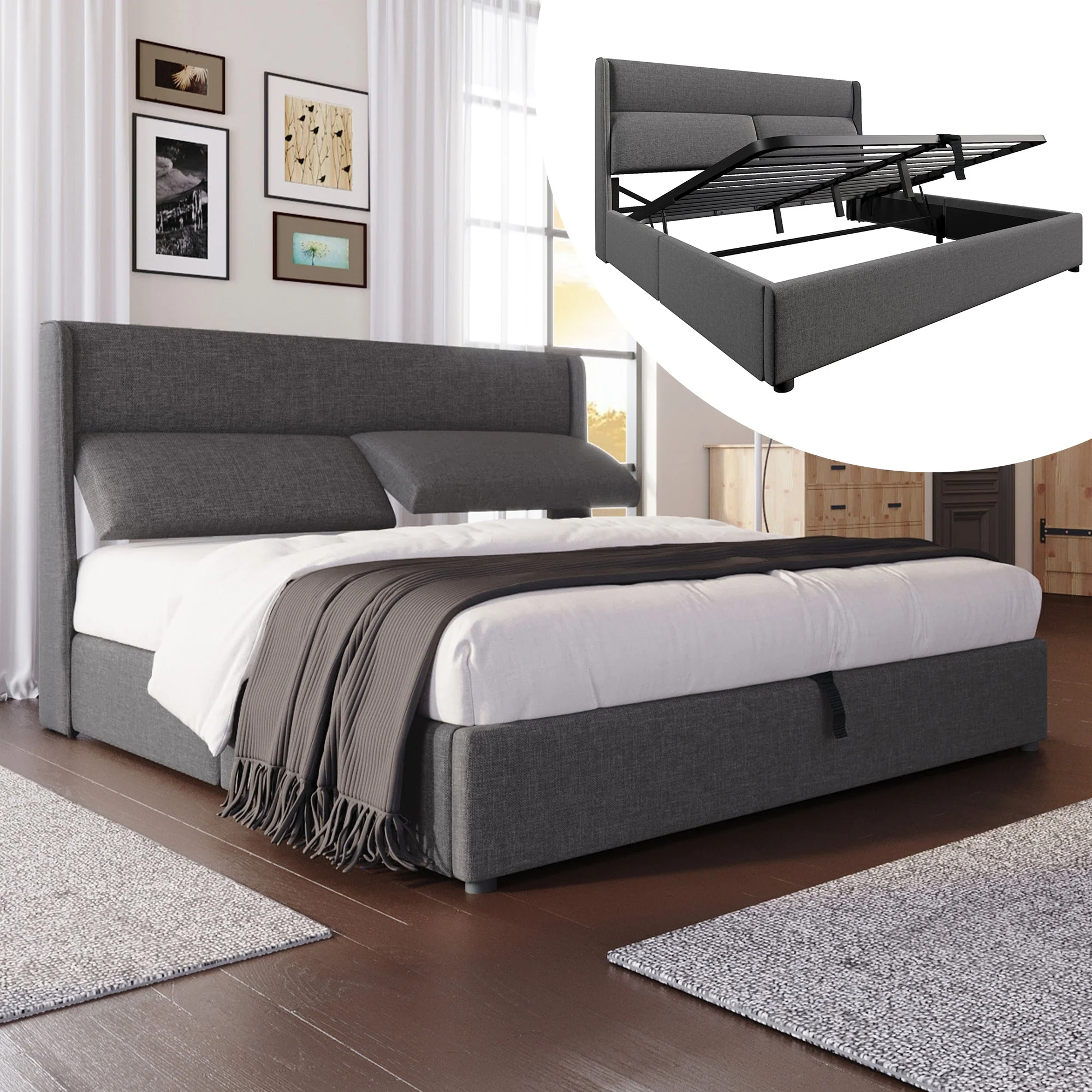 Upholstered Double Bed 140x200cm Adjustable Headrests Hydraulic Storage, Linen Grey