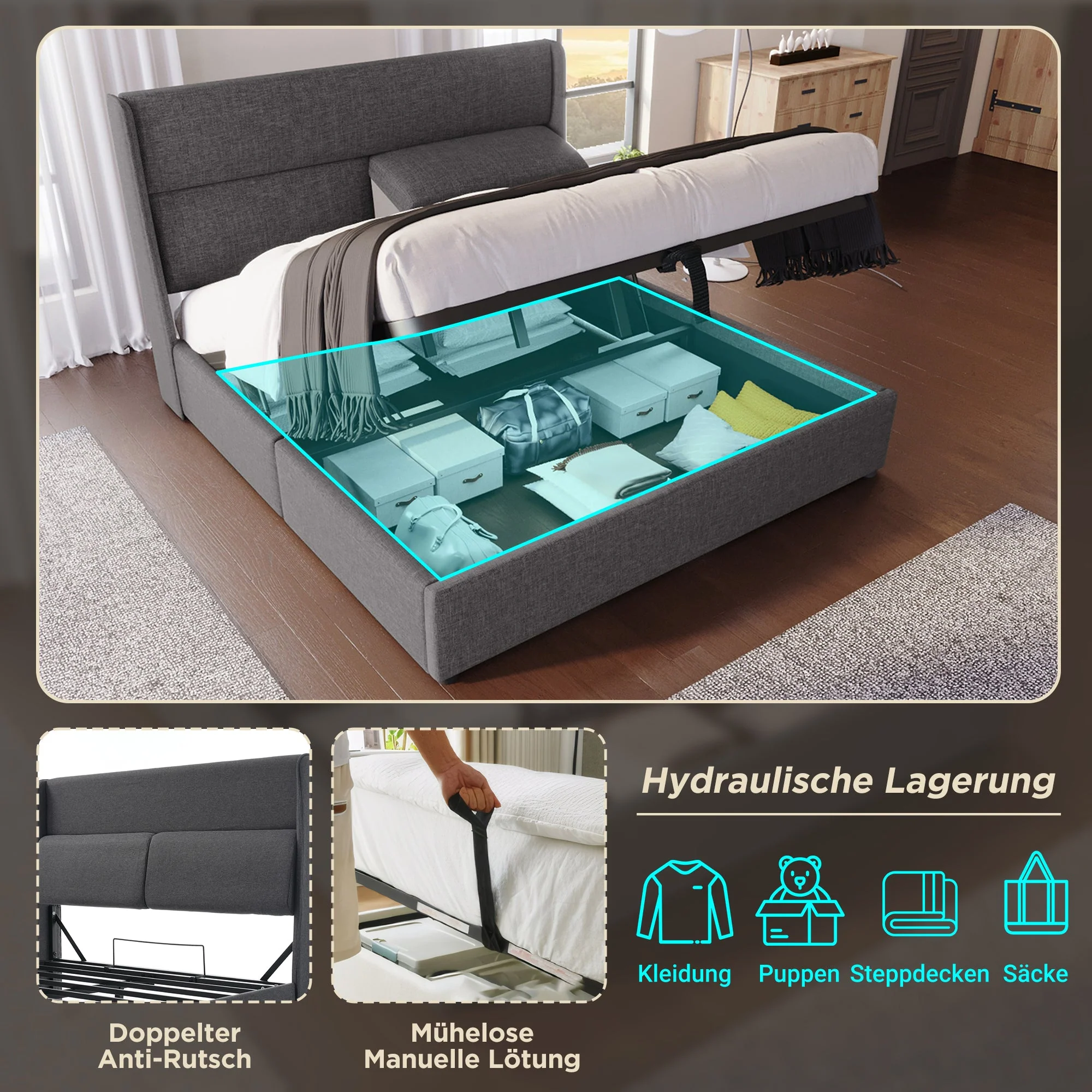 Upholstered Double Bed 140x200cm Adjustable Headrests Hydraulic Storage, Linen Grey - Image 3