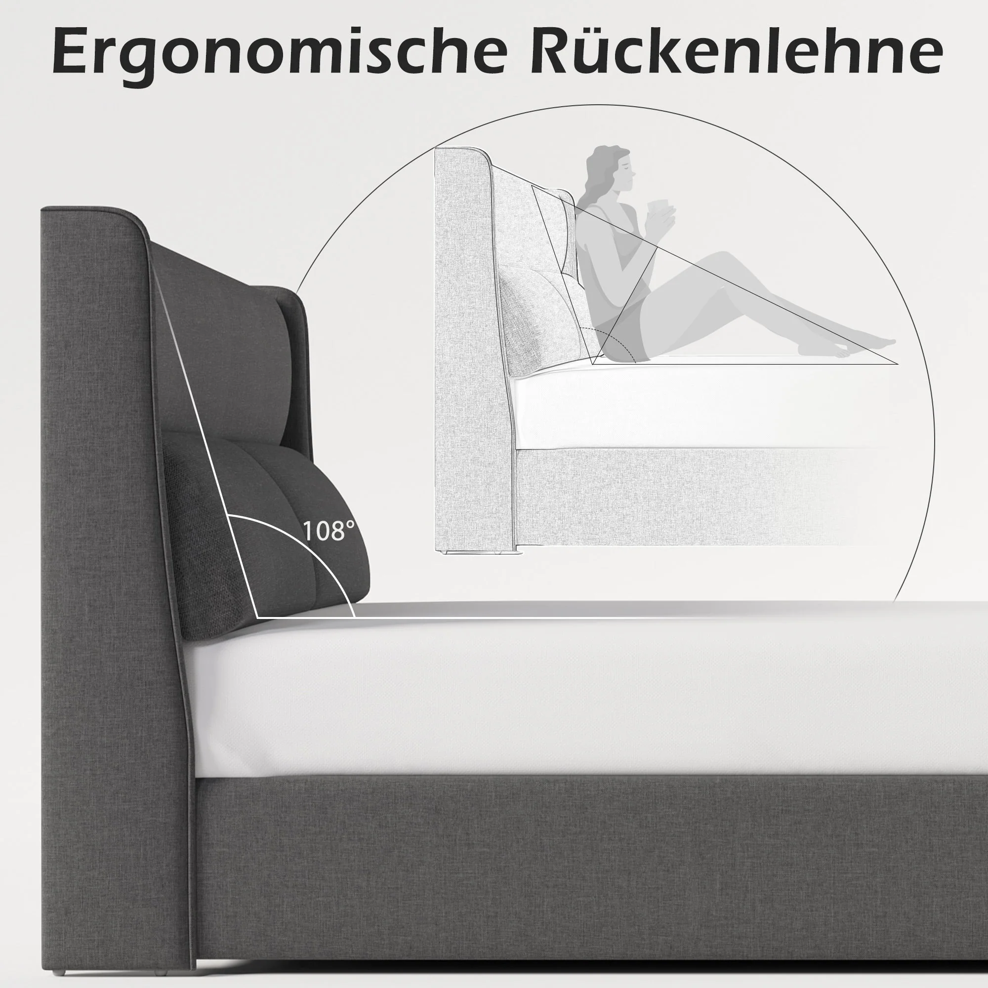 Upholstered Double Bed 140x200cm Adjustable Headrests Hydraulic Storage, Linen Grey - Image 7