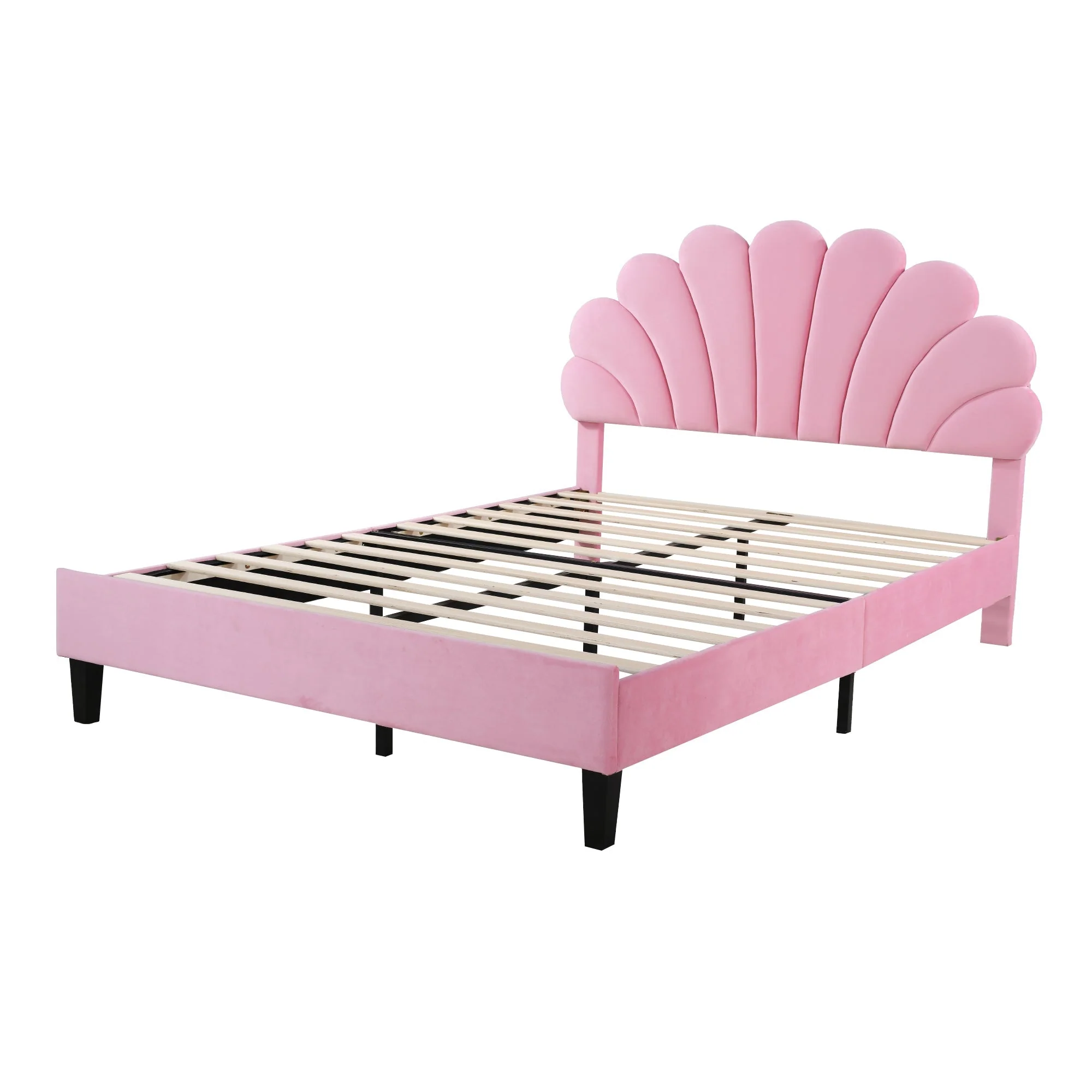 Upholstered Double Bed, 140x200cm Flower Headboard Slatted Frame, Pink Velvet - Image 10