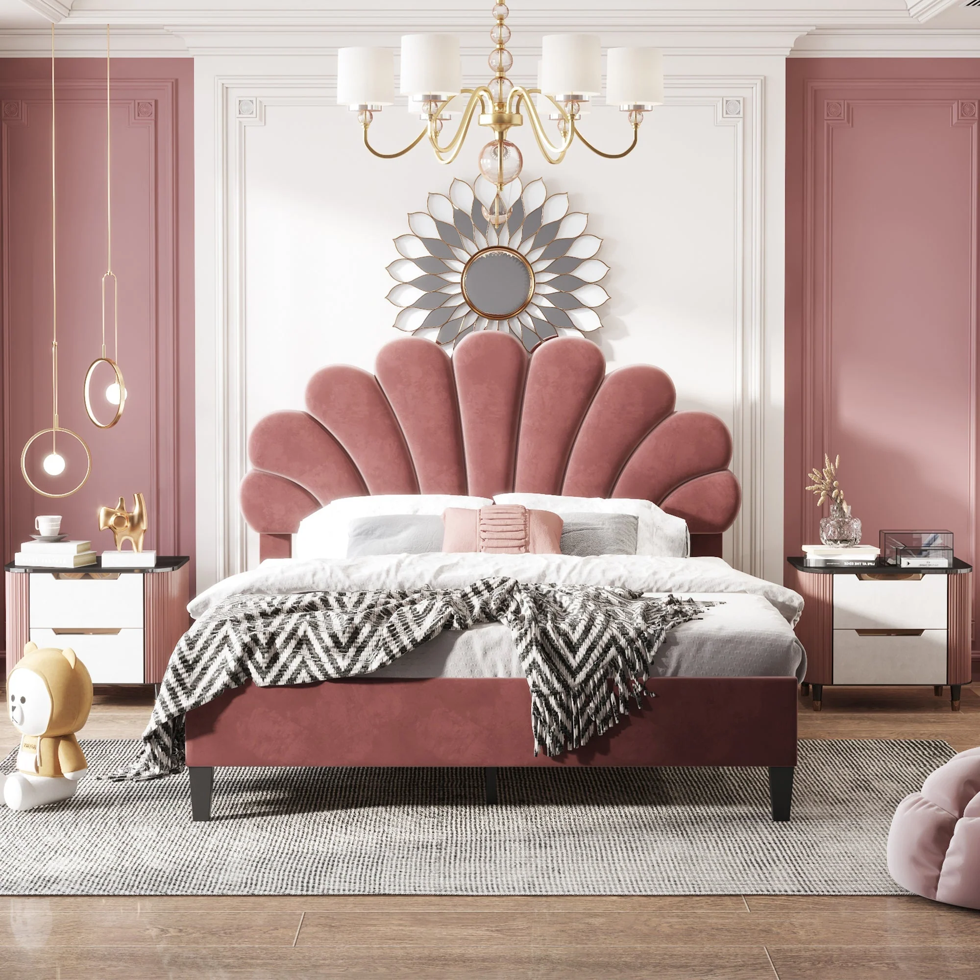 Upholstered Double Bed, 140x200cm Flower Headboard, Velvet Bean Red - Image 4