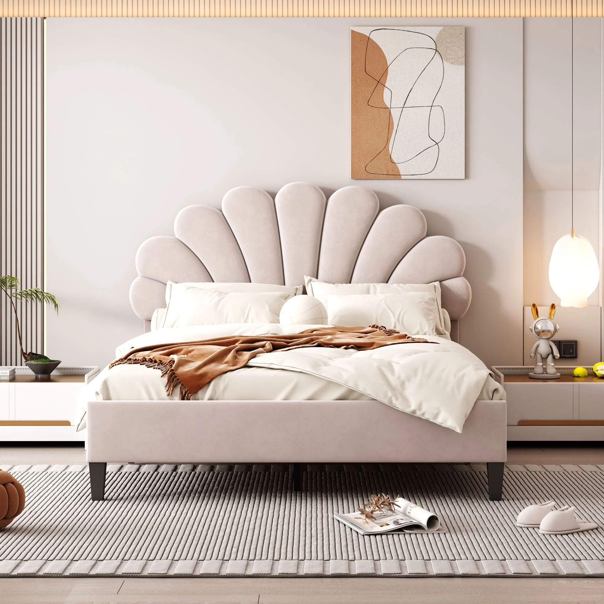 Upholstered Double Bed, 140x200cm Flower Headboard with Slats, Velvet Beige - Image 4