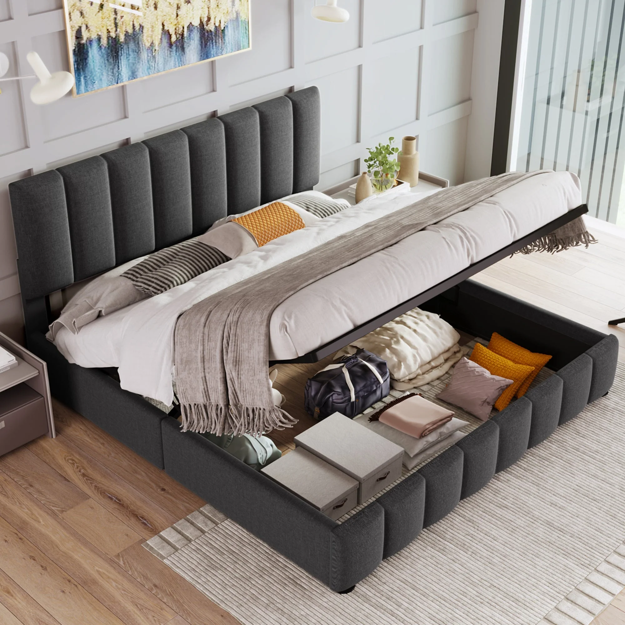 Upholstered Double Bed 140x200cm Hydraulic Storage Adjustable Headboard - Grey Linen - Image 7