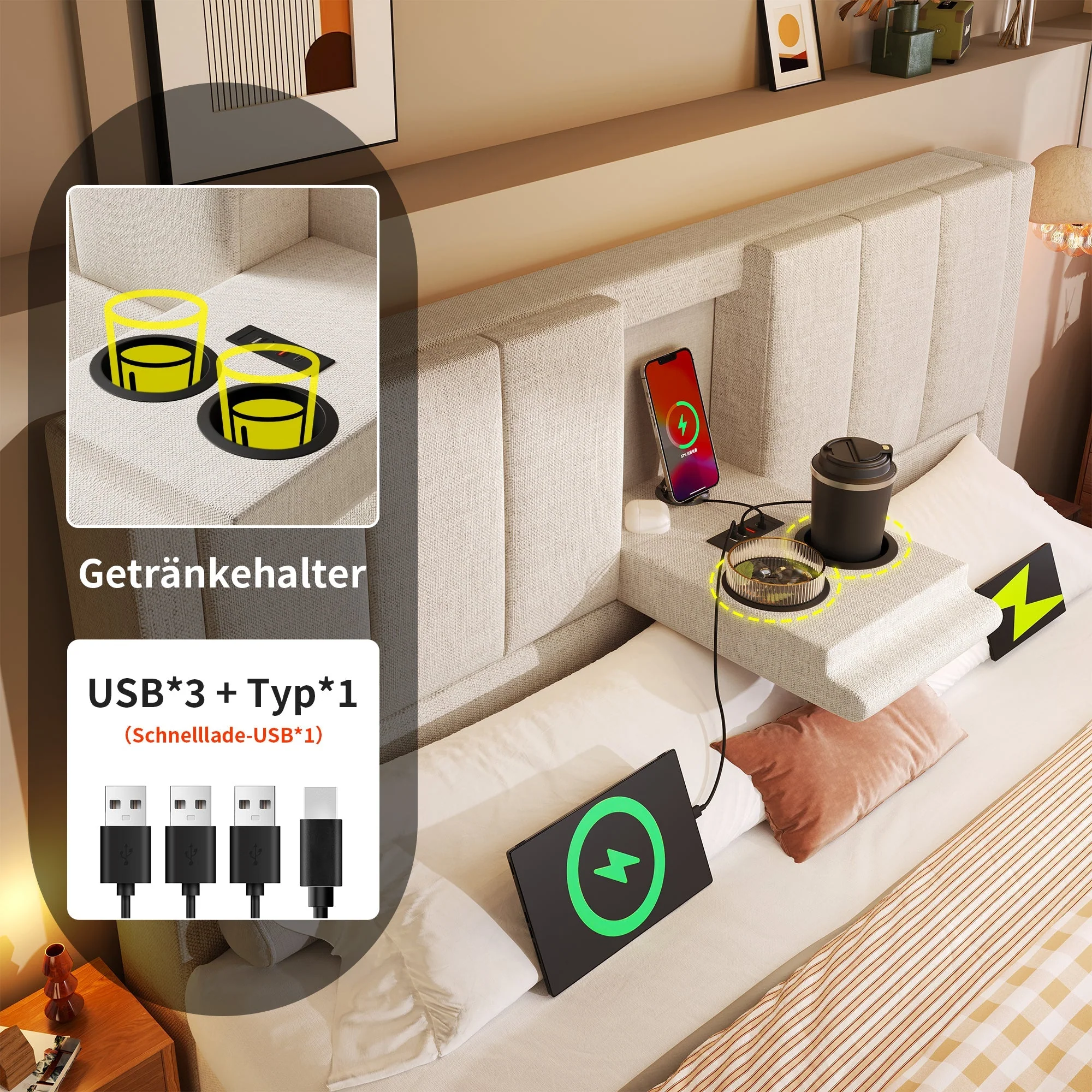 Upholstered Double Bed 140x200cm Hydraulic Storage Cup Holder Charging Station - Linen Beige - Image 4