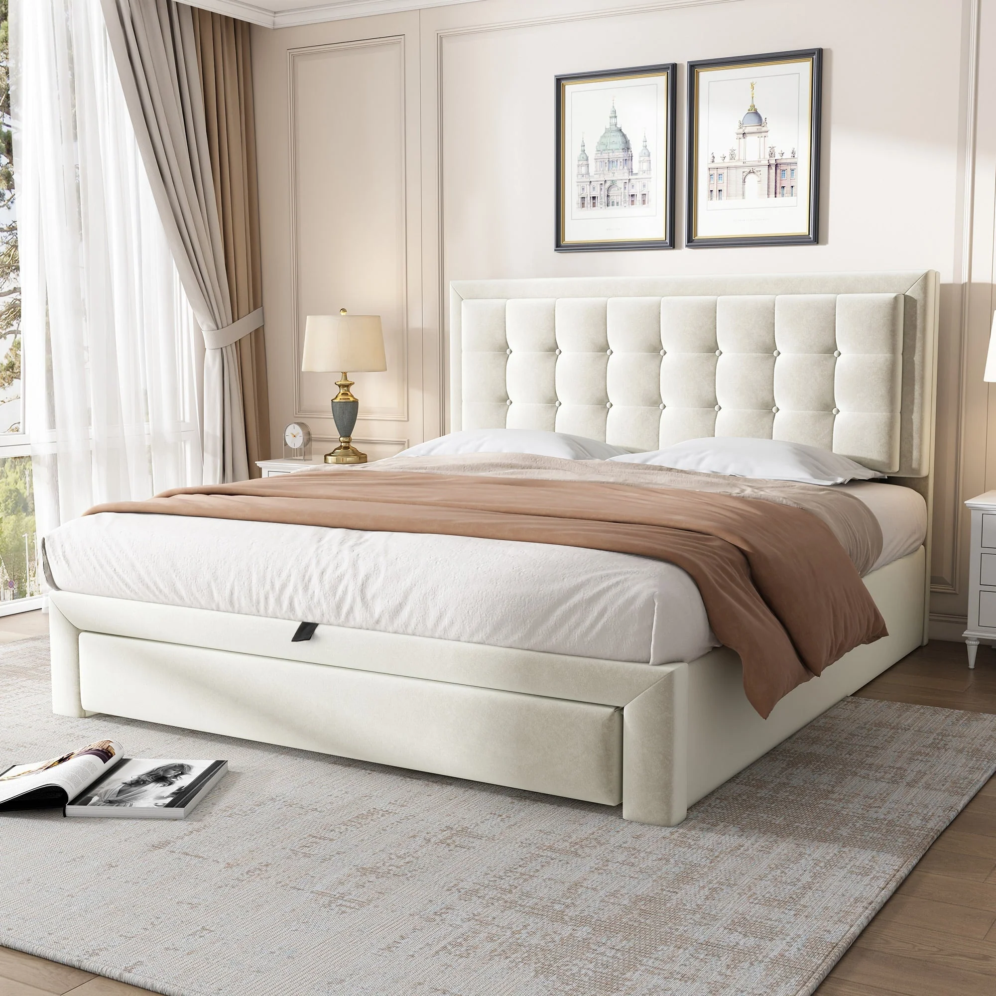Upholstered Double Bed 140x200cm Hydraulic Storage Headboard 2 Drawers - Velvet Beige - Image 4