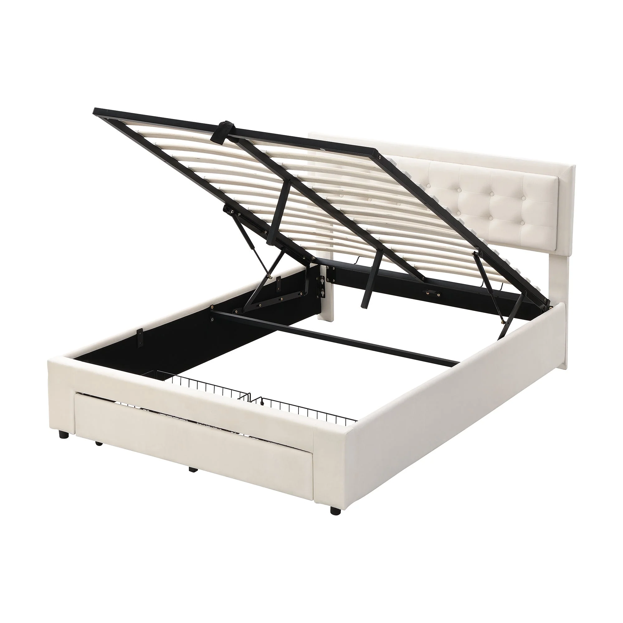 Upholstered Double Bed 140x200cm Hydraulic Storage Headboard 2 Drawers - Velvet Beige - Image 7