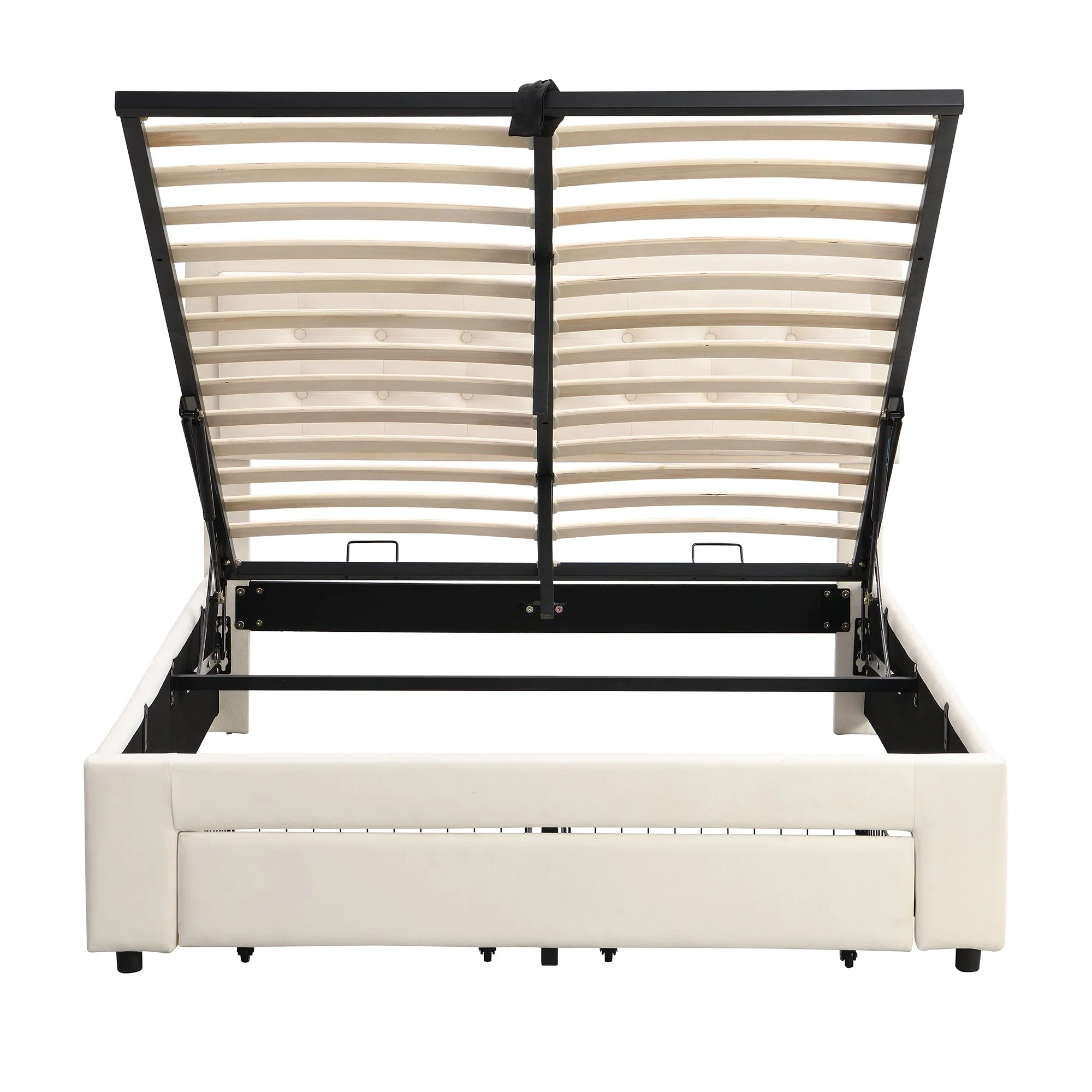 Upholstered Double Bed 140x200cm Hydraulic Storage Headboard 2 Drawers - Velvet Beige - Image 9