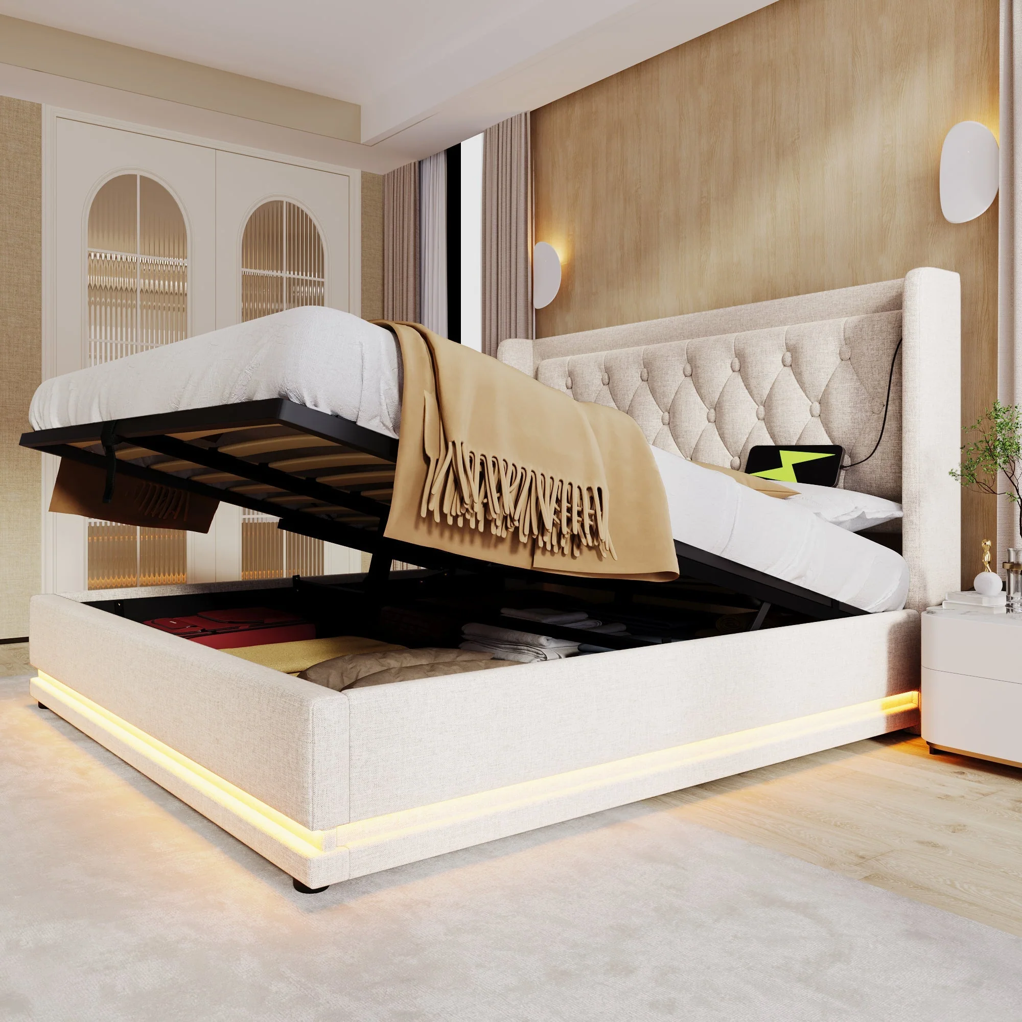 Upholstered Double Bed, 140x200cm Hydraulic Storage with LED & USB, Beige Cotton - Image 10