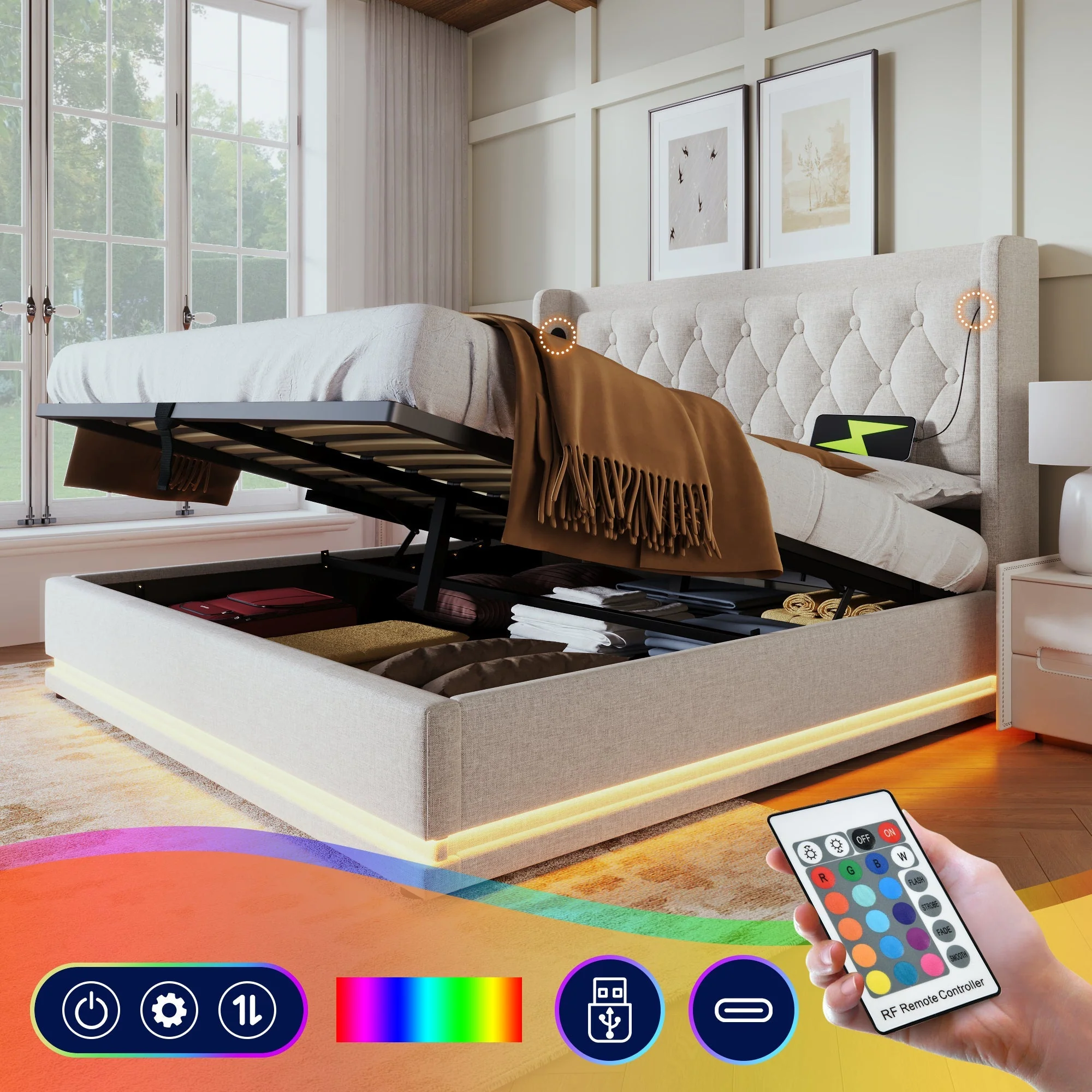 Upholstered Double Bed, 140x200cm Hydraulic Storage with LED & USB, Beige Cotton - Image 2