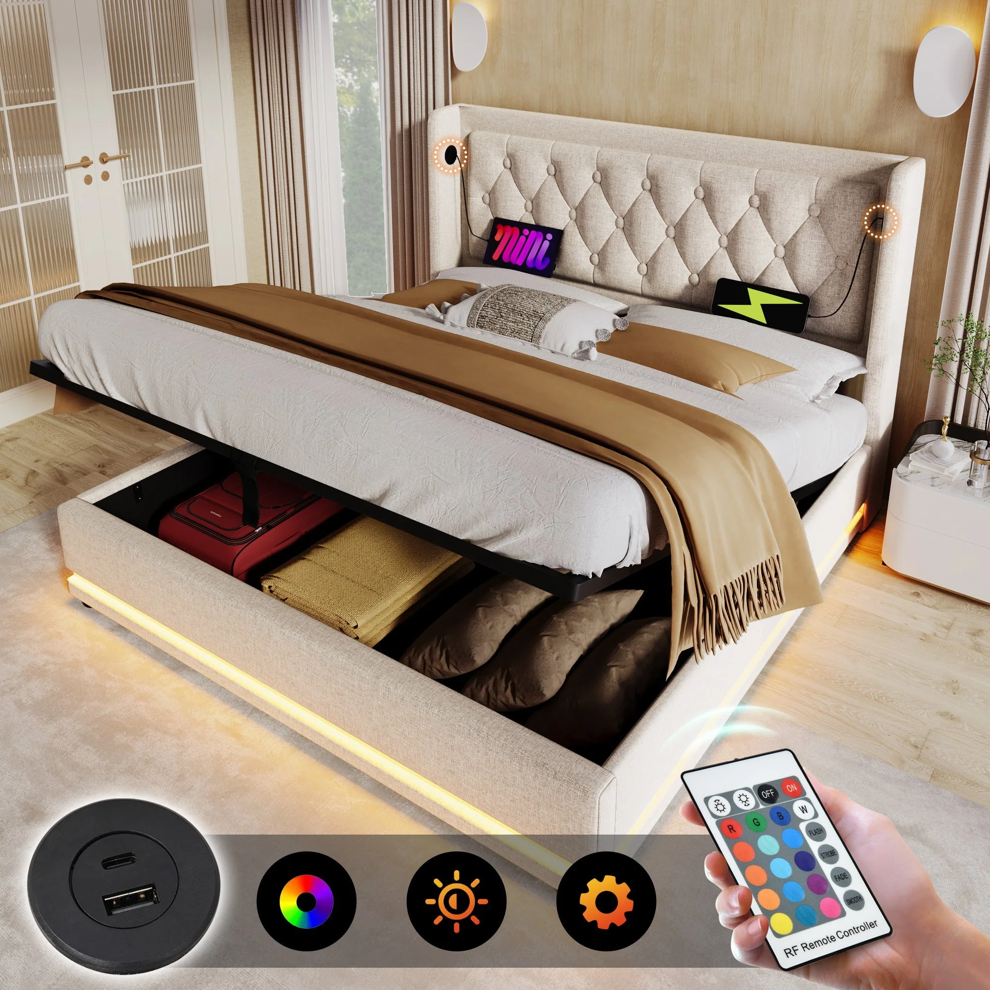 Upholstered Double Bed, 140x200cm Hydraulic Storage with LED & USB, Beige Cotton - Image 4