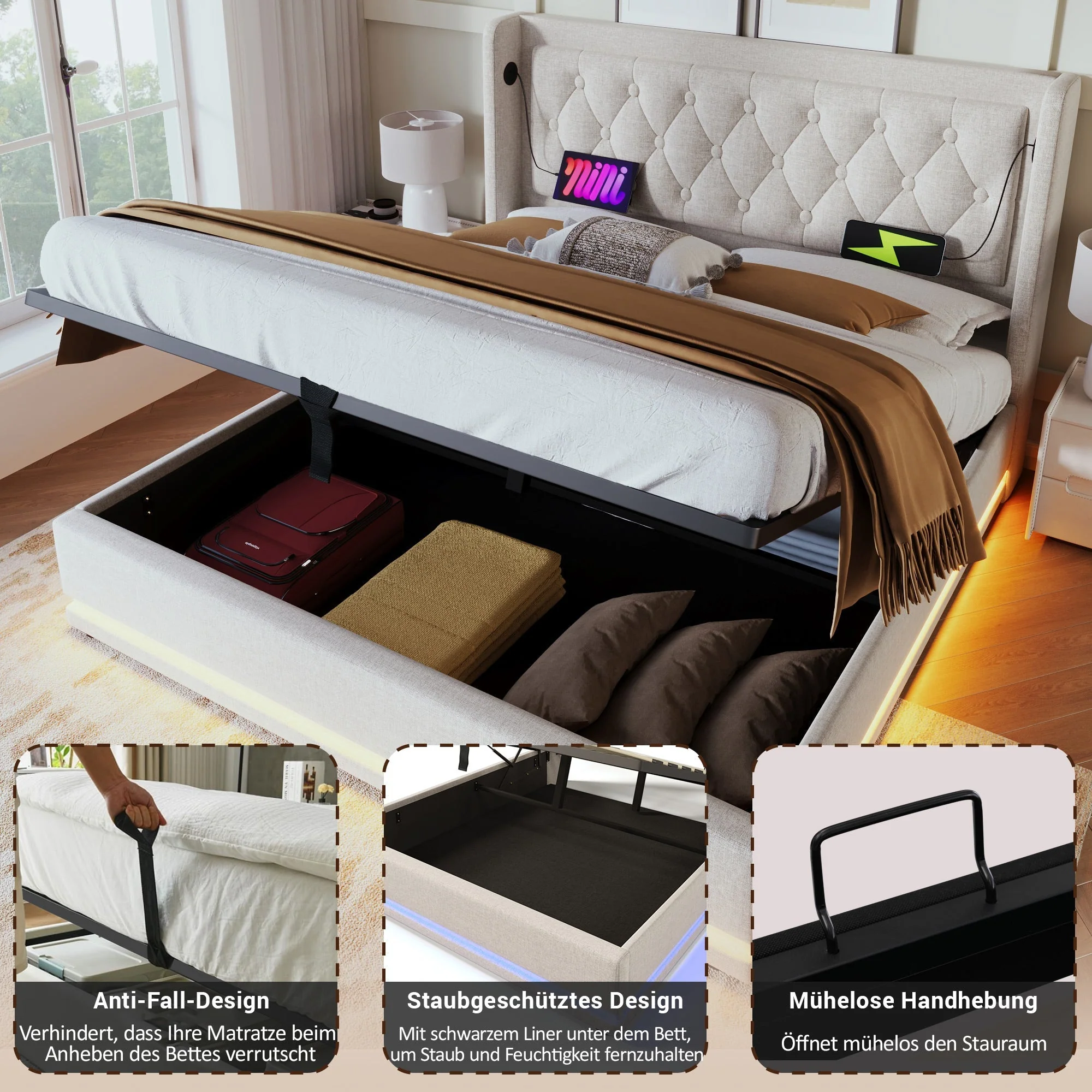 Upholstered Double Bed, 140x200cm Hydraulic Storage with LED & USB, Beige Cotton - Image 5