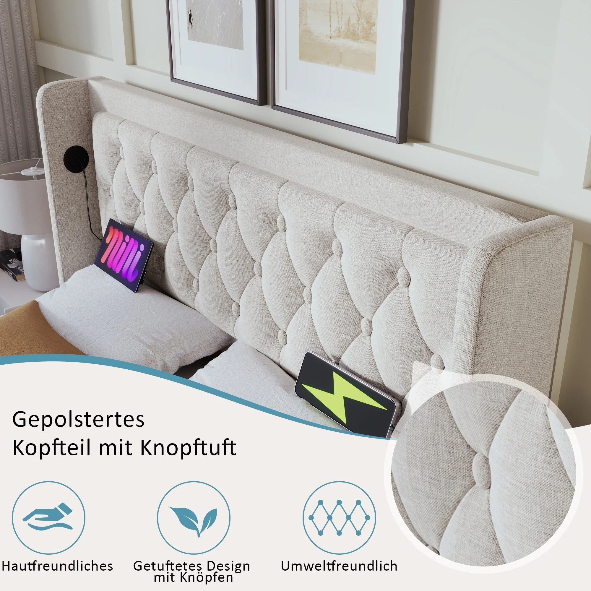 Upholstered Double Bed, 140x200cm Hydraulic Storage with LED & USB, Beige Cotton - Image 6